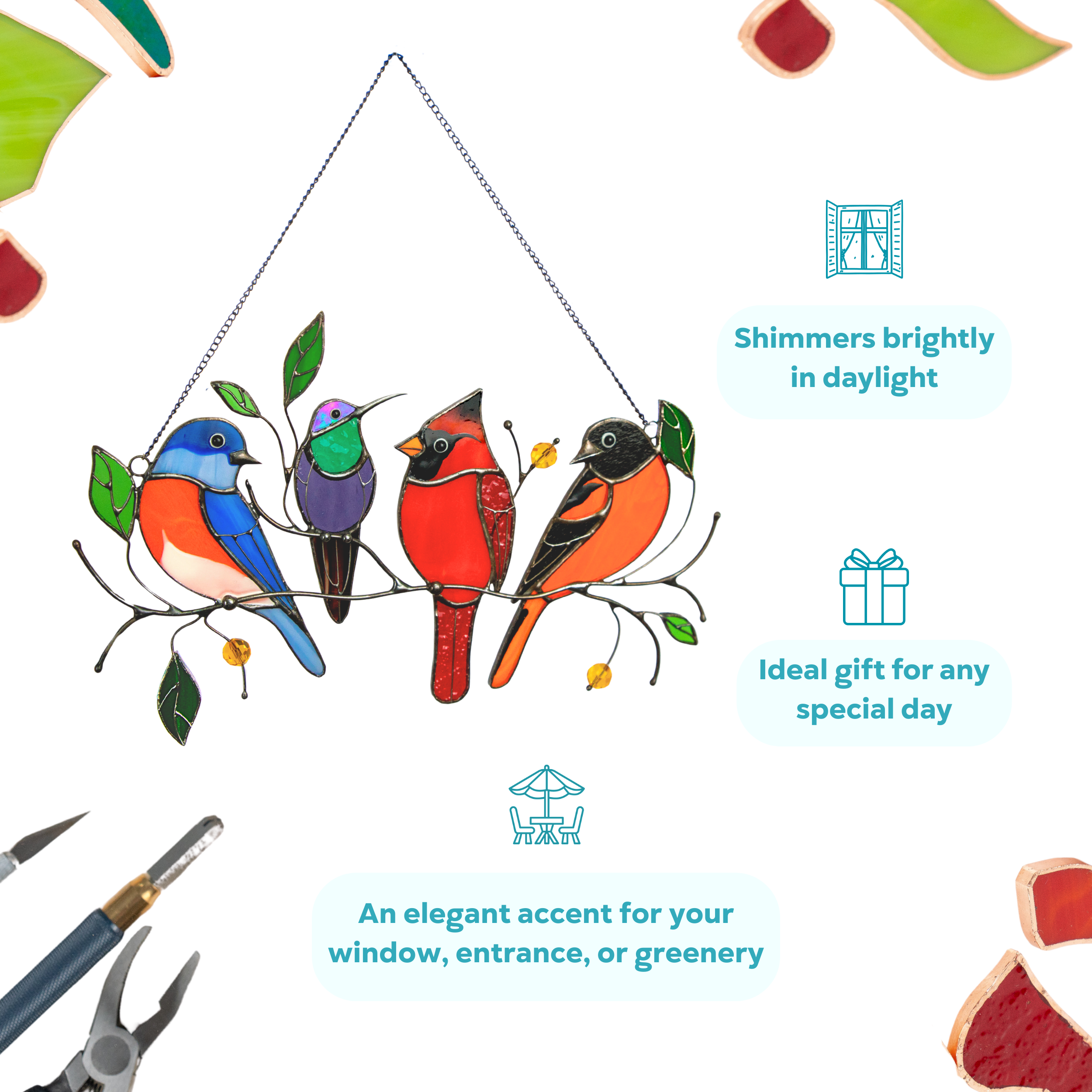 Infographic showing stained glass suncatcher with four birds as a perfect gift idea.