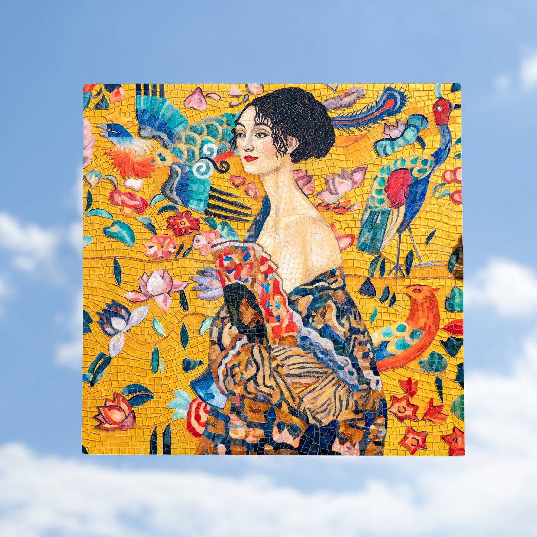 Entire square mosaic artwork featuring a woman with birds, flowers, and golden background, set against the sky.