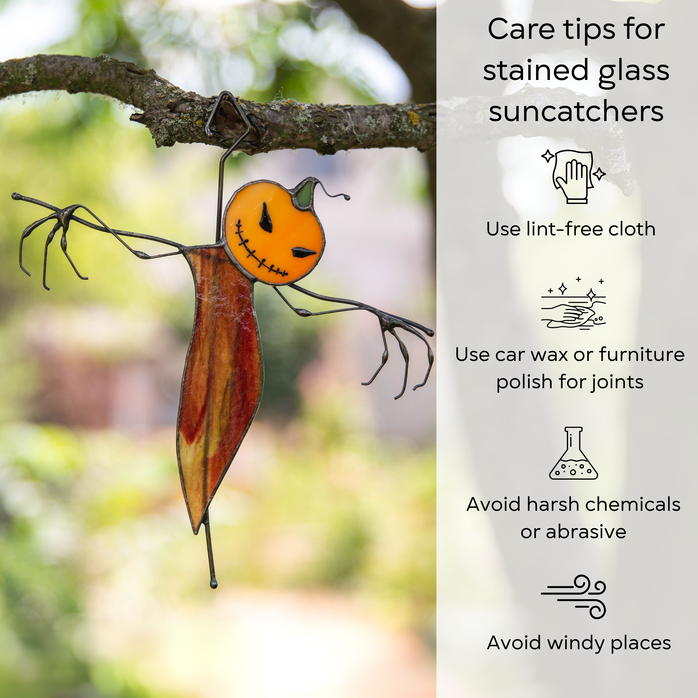 Scarecrow figure made of stained glass with wire arms and an orange head held up with care tips beside: use lint-free cloth, polish joints with car wax or furniture polish, avoid harsh chemicals, and windy places.