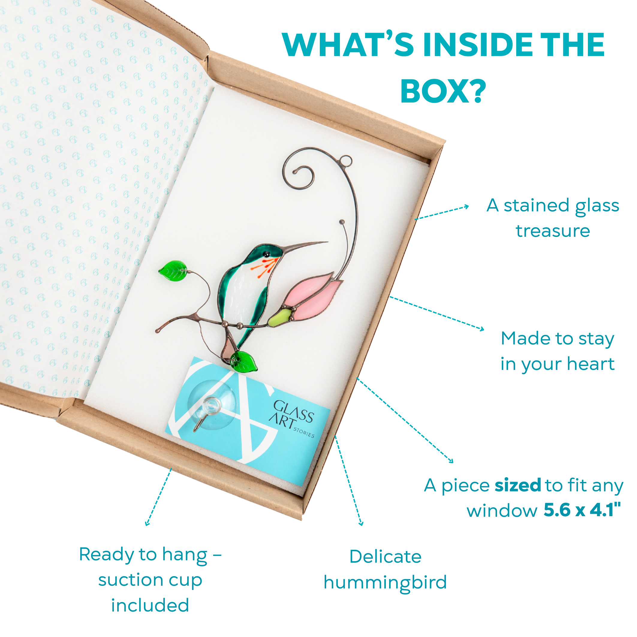 Green and white stained glass hummingbird with pink flower packed in box with card and suction cup
