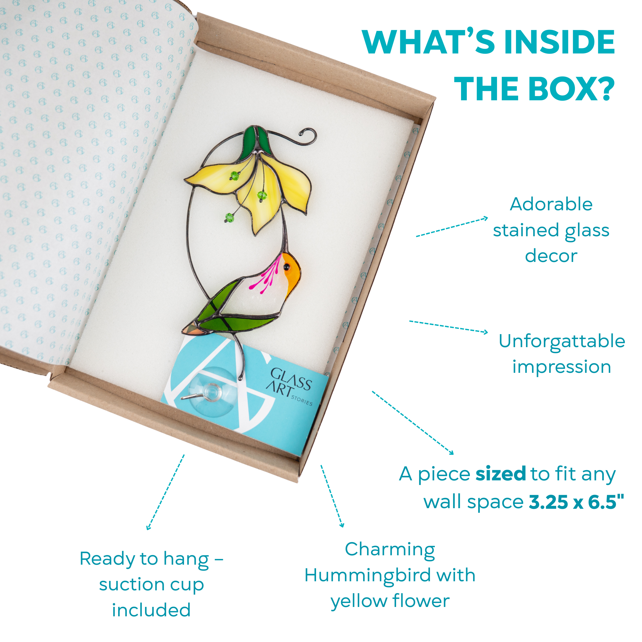 Infographic highlighting what's inside the box: hummingbird decor, flower, size, and hanging suction cup