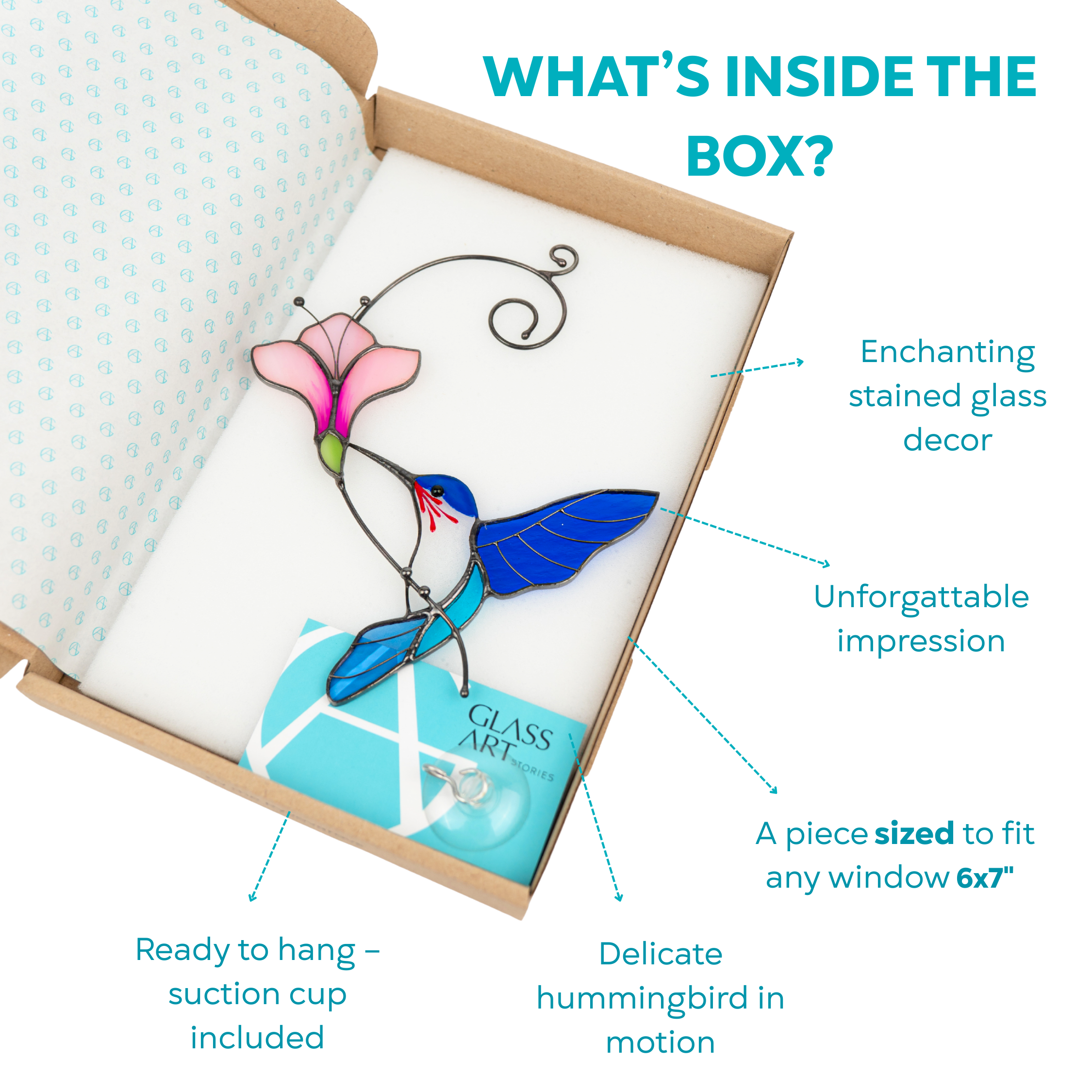 Colorful hummingbird stained glass piece in branded box with suction cup and product card