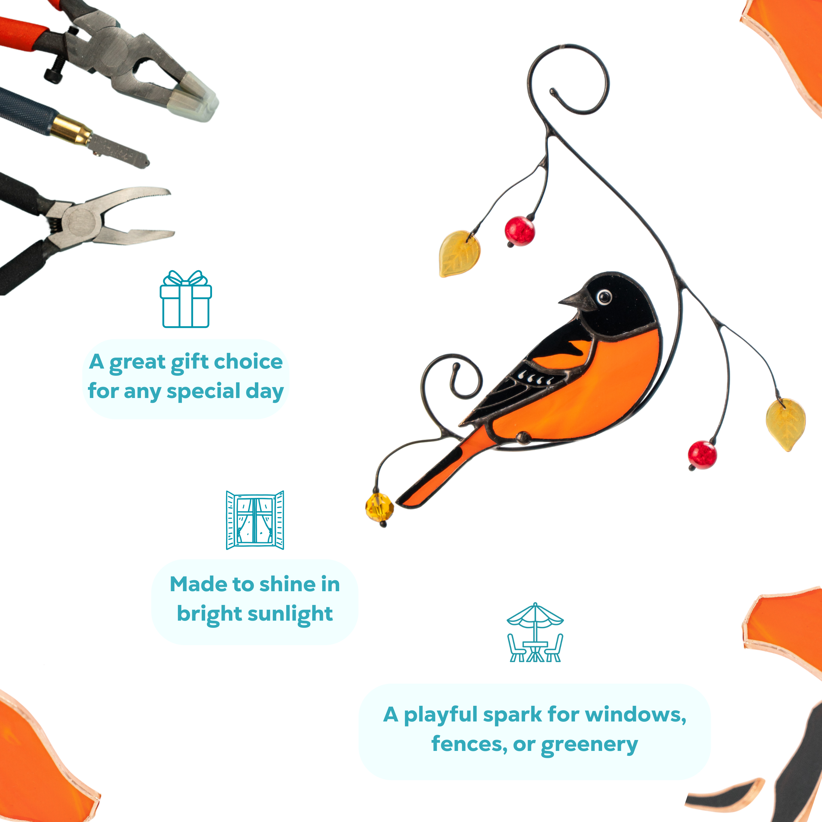 Infographic of orange and black stained glass oriole with icons about perfect gift, shining in sunlight, and decor placement