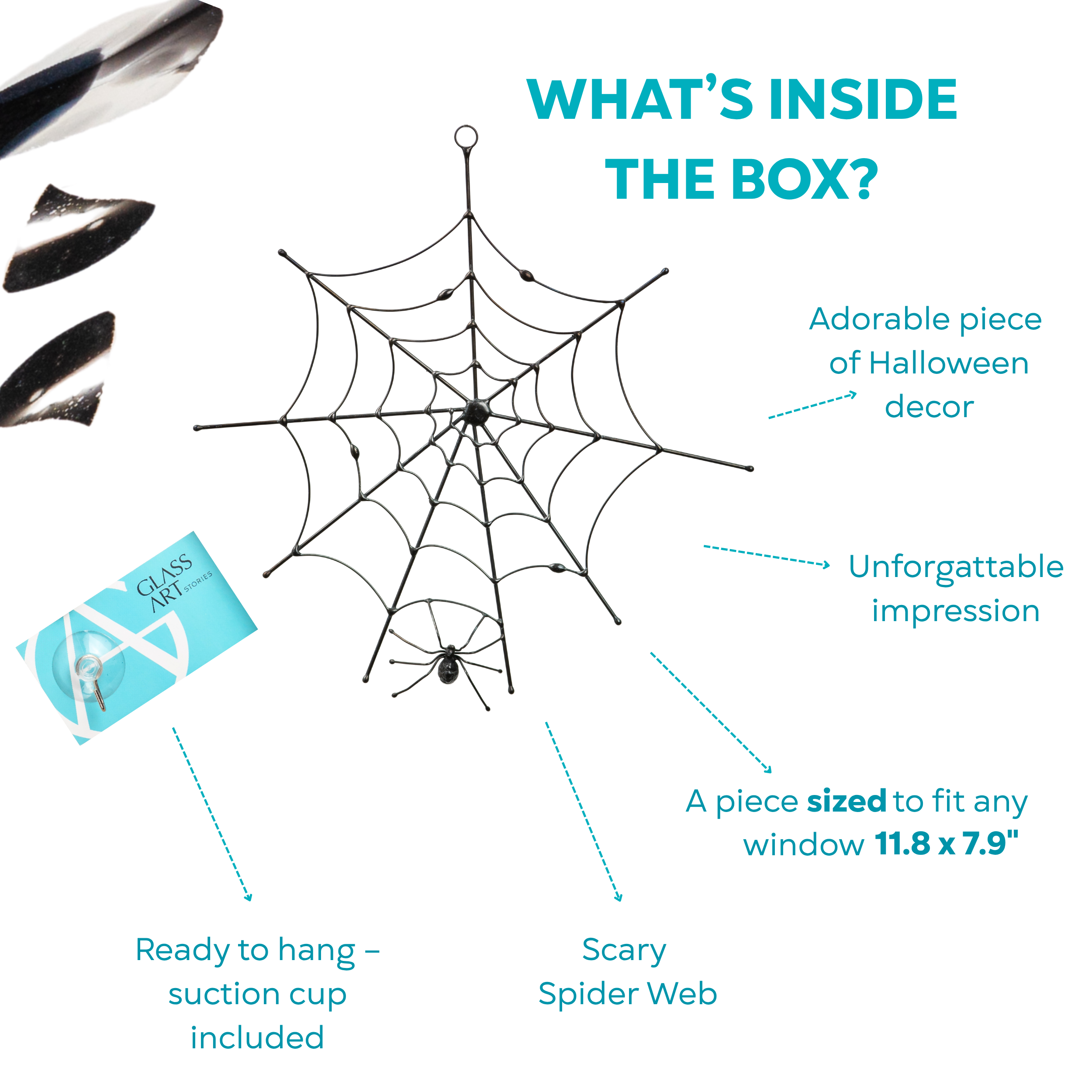 Flat lay of Halloween spider web decor with labeled arrows describing size, features, and gift-ready packaging: suction cup and branded card.