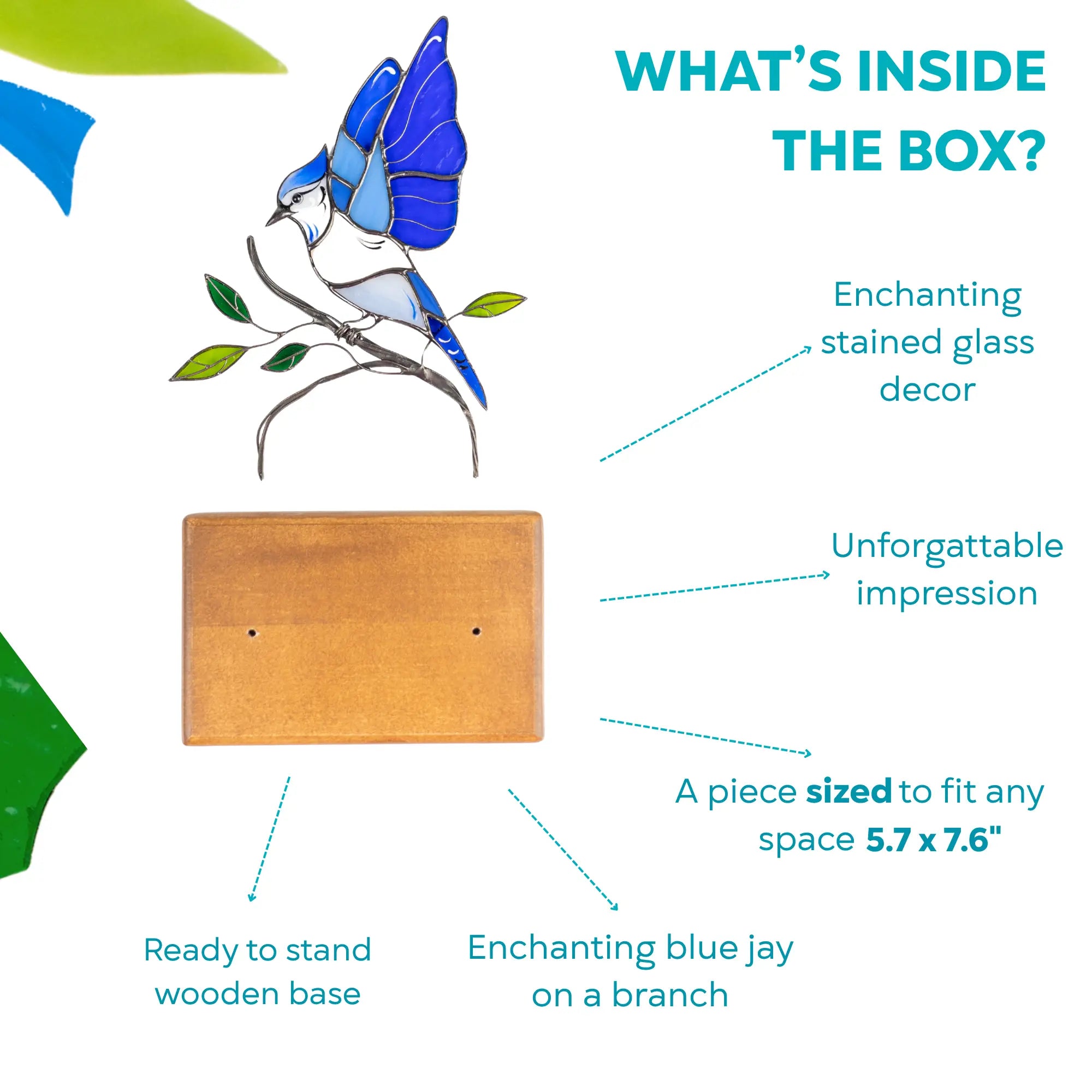 Labeled infographic showing all parts included: blue jay glass figure, wood stand, and measurements