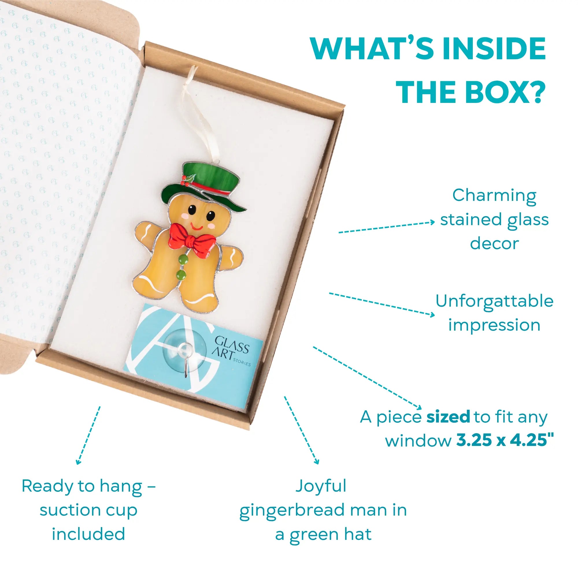 Gift box with a stained glass gingerbread man wearing a green hat and red bow, packaged with a suction cup for hanging.