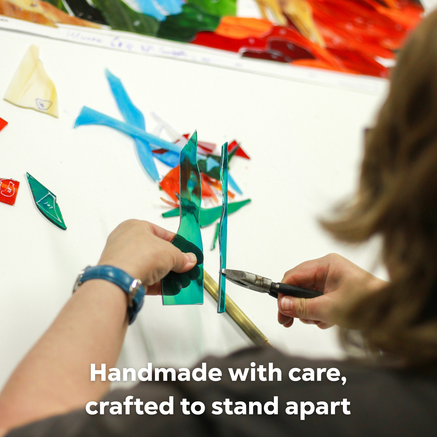Handmade process using high-quality stained glass for crafting a panel.