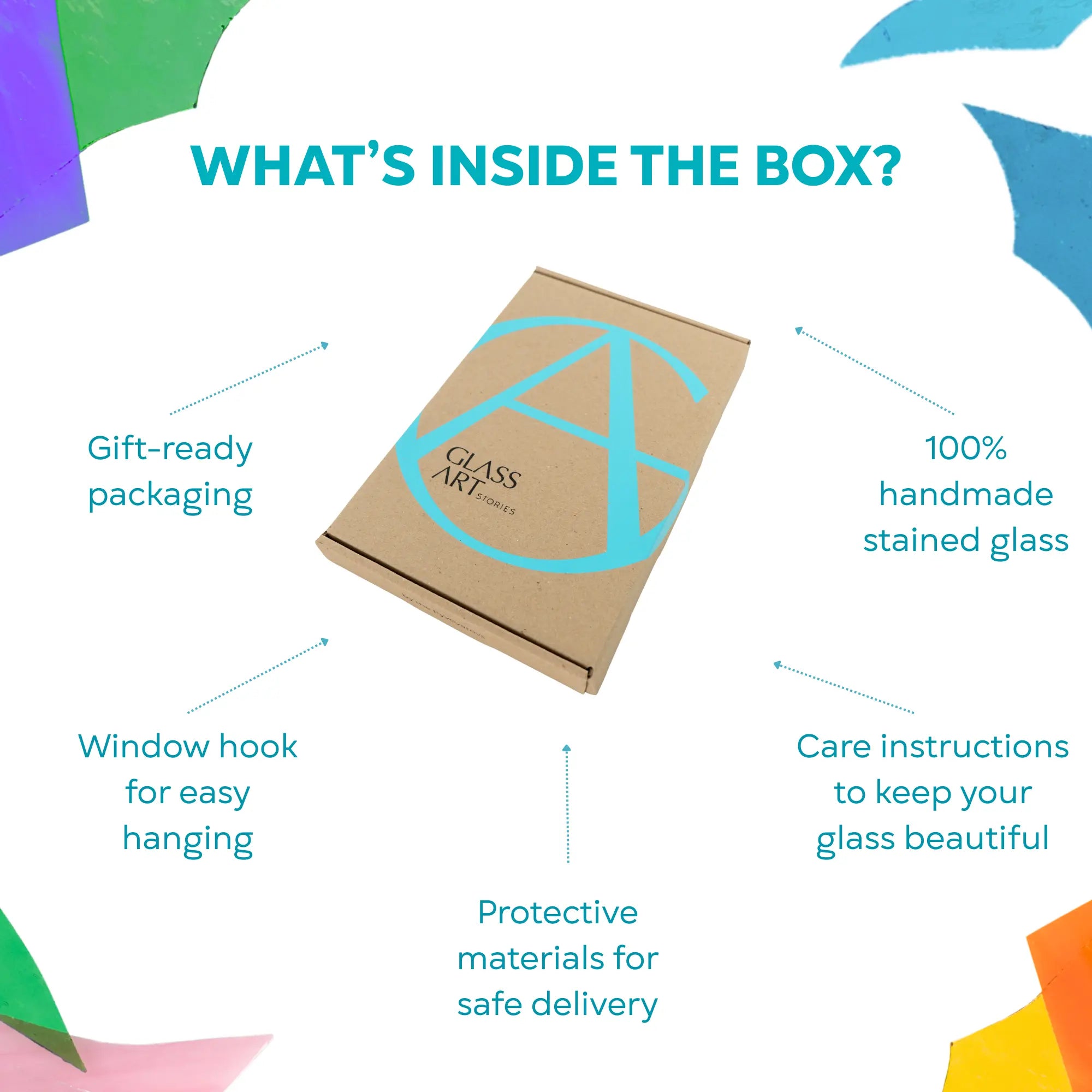 Glass Art Stories packaging with features listed on a colorful background: gift-ready packaging, includes window hook for easy hanging