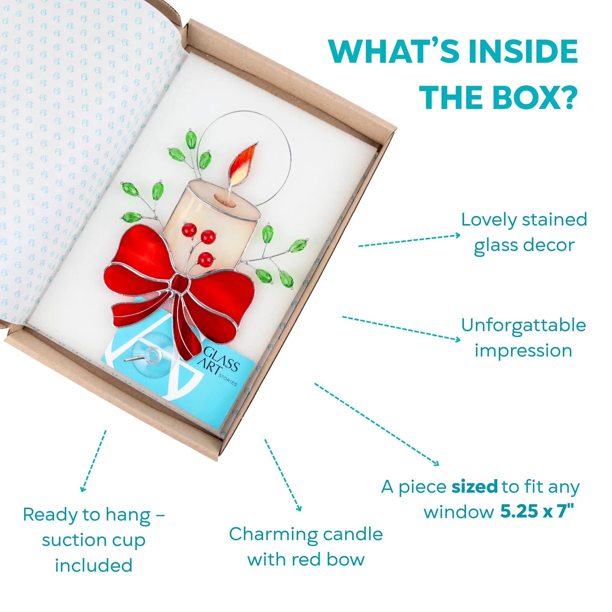 Stained glass suncatcher featuring candle design with red bow in a box, with branded card and suction cup included