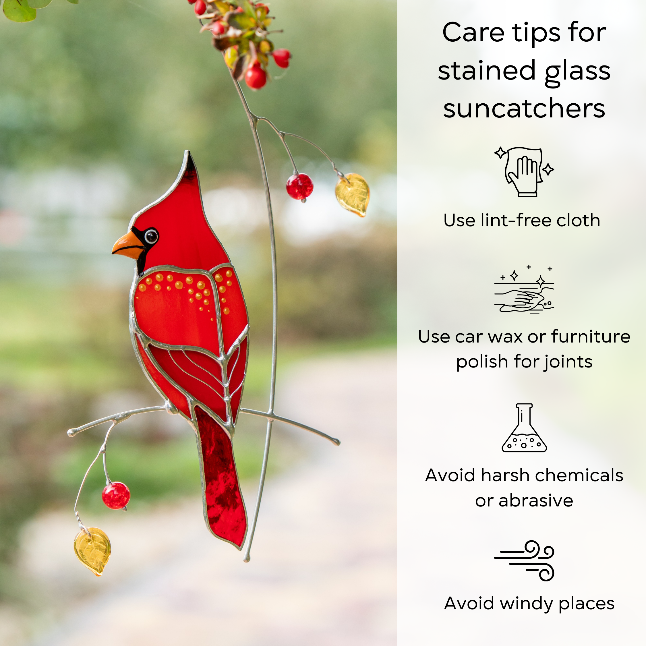 Glass cardinal with hanging beads — tips shown for proper stained glass care.