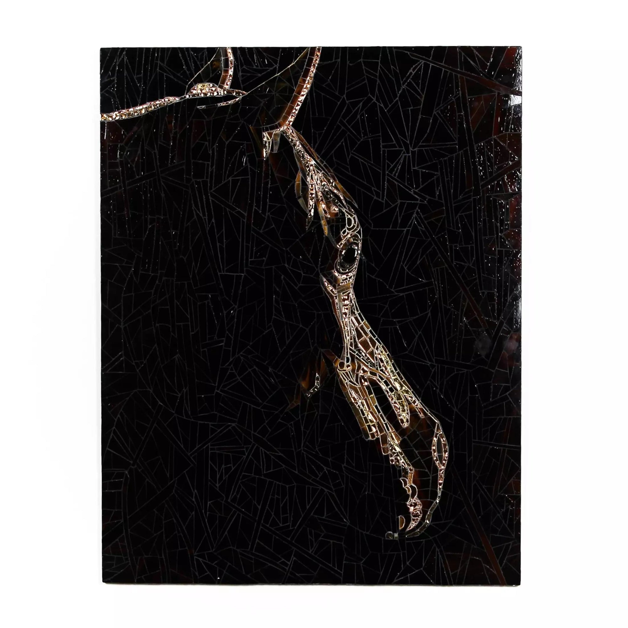 Vertical mosaic panel with horse head in stained glass, held up for display