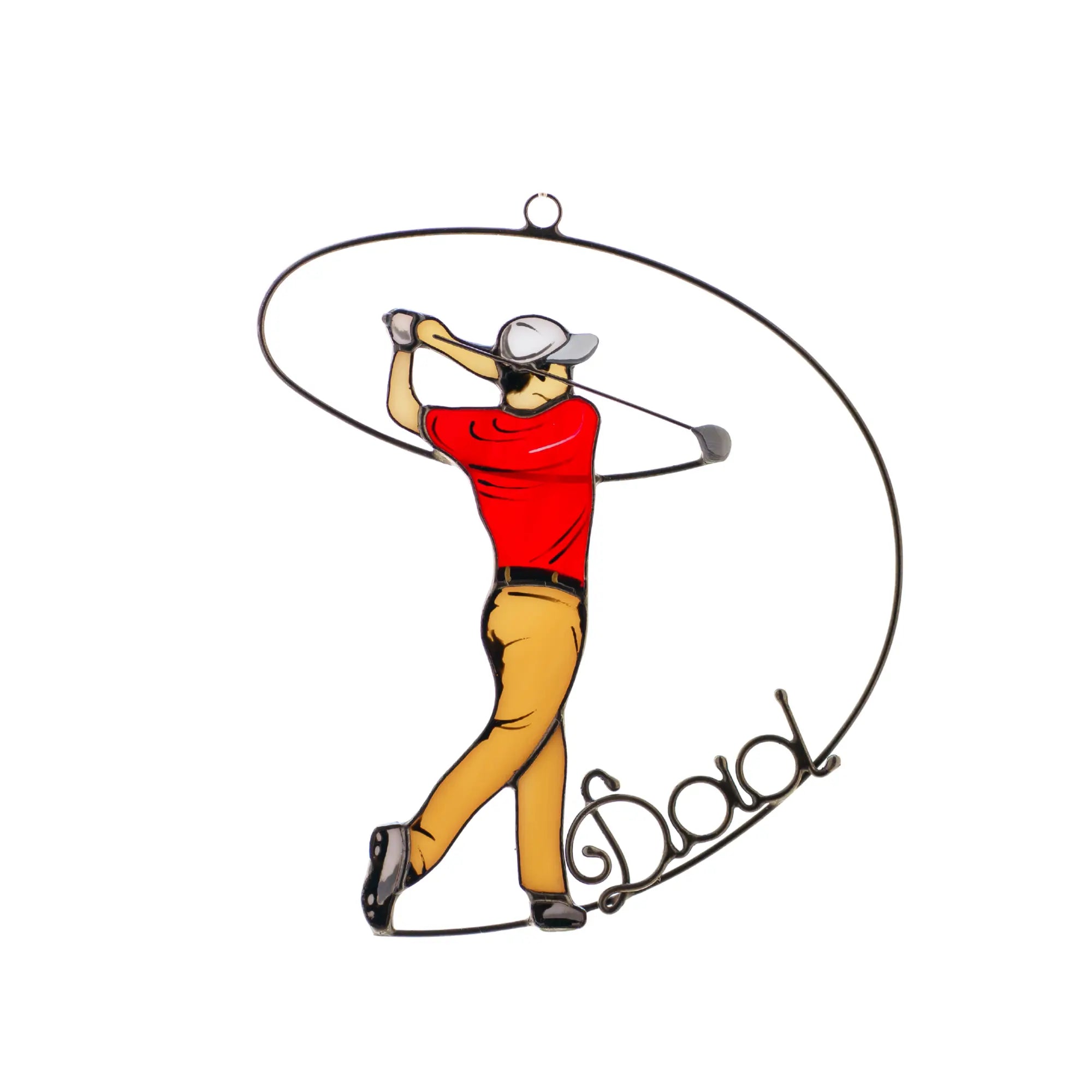 Golf-themed decorative stained glass suncatcher with a golfer in a red shirt and tan pants.