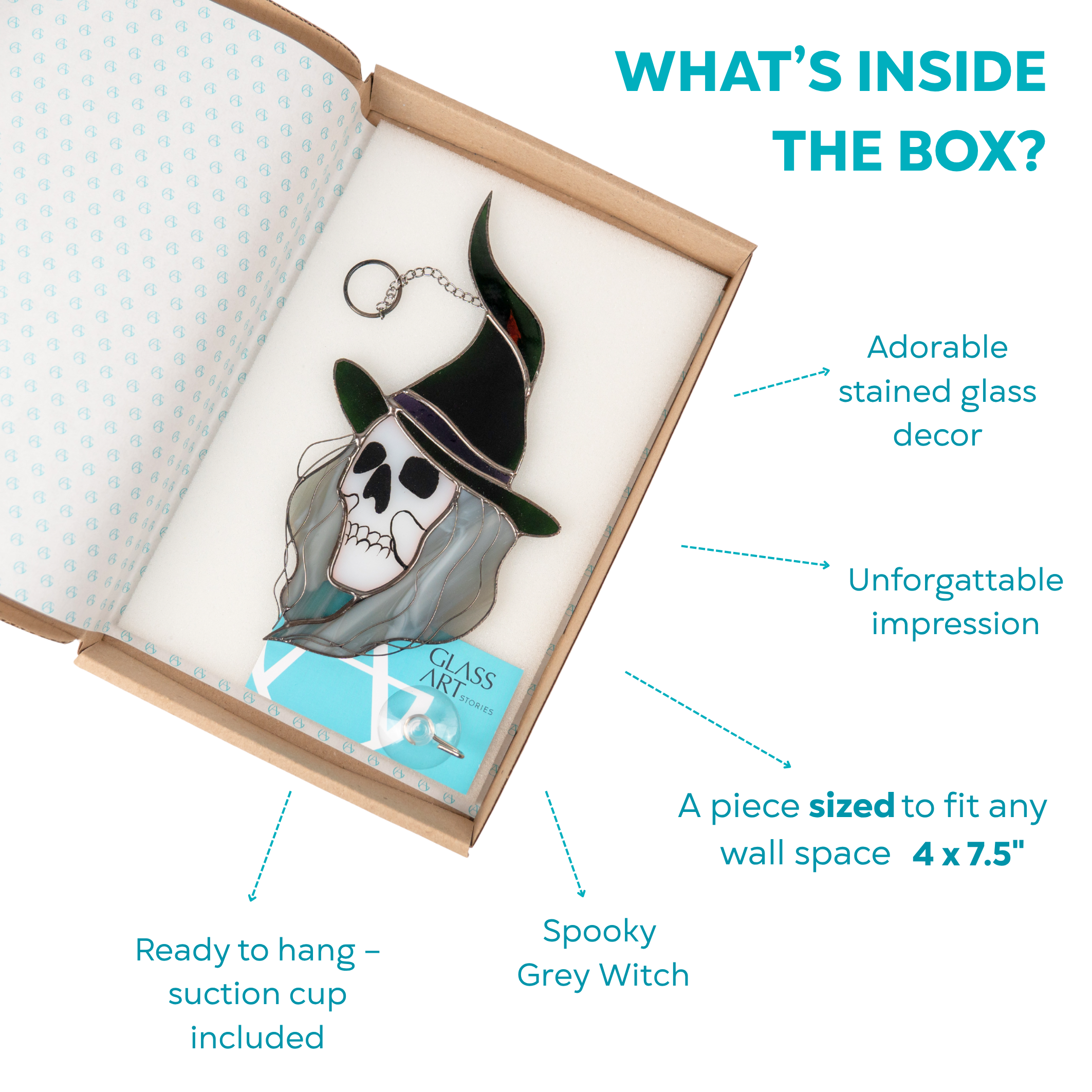 Witch skull suncatcher in cardboard gift box with branded card and suction cup, ready to ship