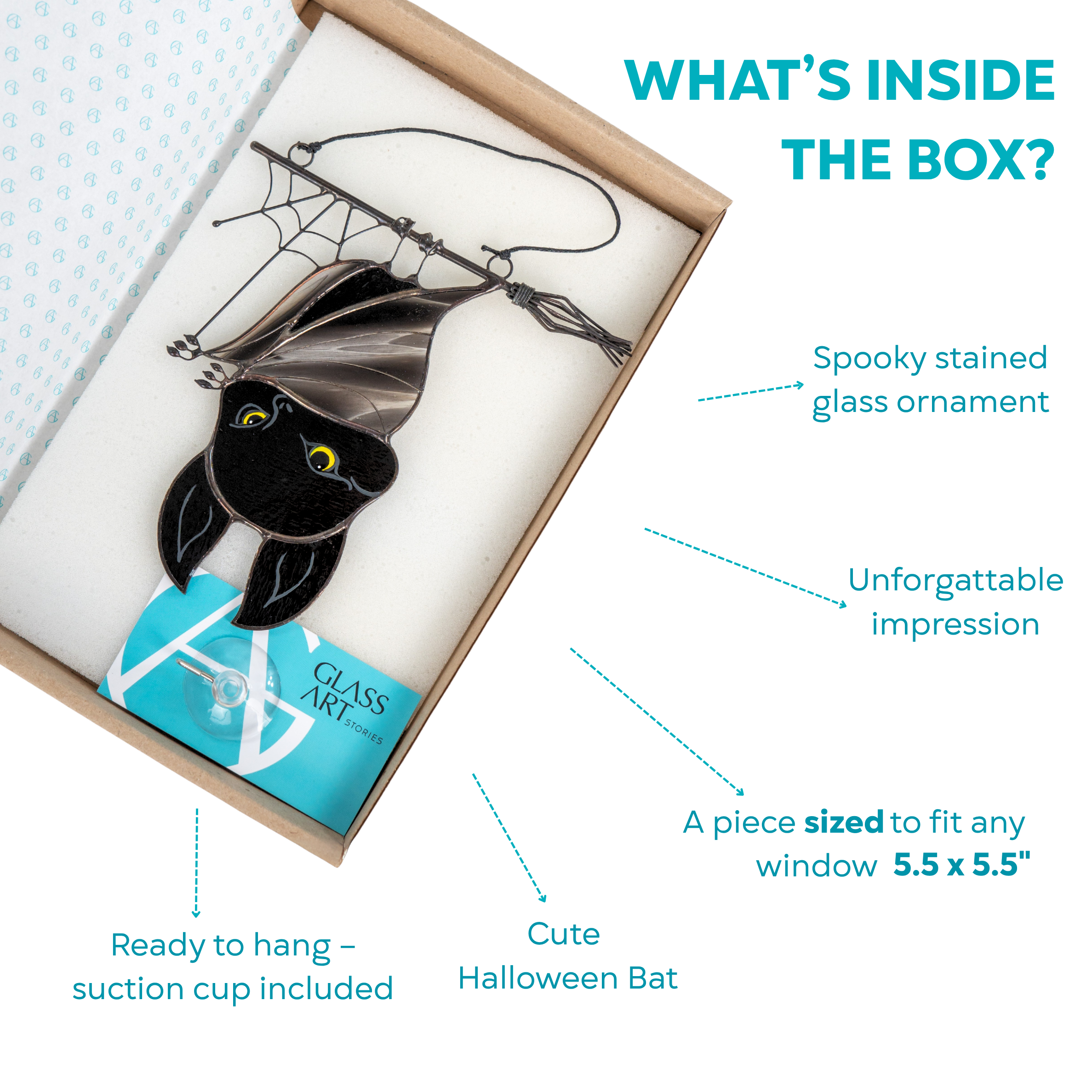 Glass Art Stories packaging with Halloween bat suncatcher sized 5.5 inches, suction cup, and branded card.