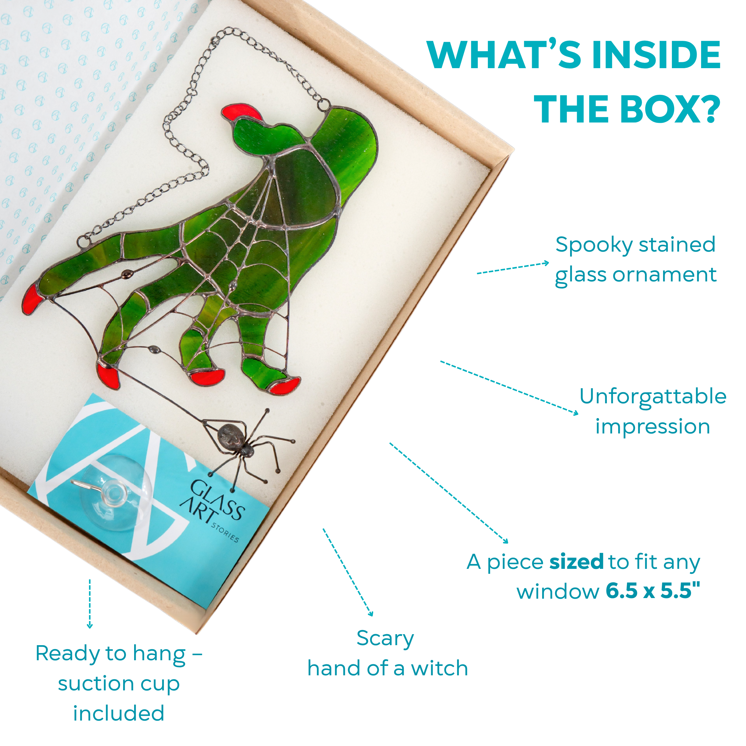 Unboxing image showing stained glass hand ornament with a spider and suction cup in branded packaging.