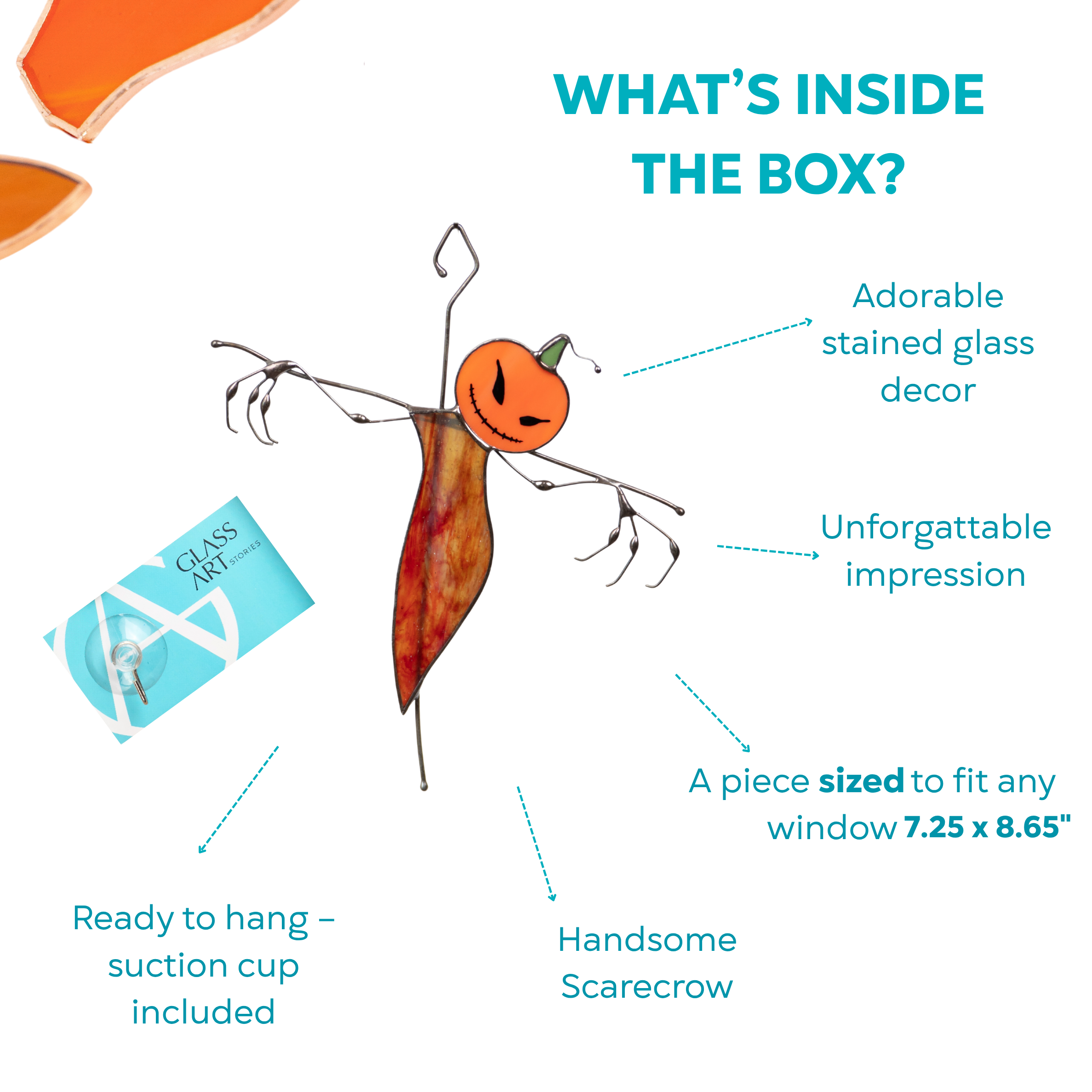 Box contents include a stained glass scarecrow with orange pumpkin head, a suction cup, and branded card insert.
