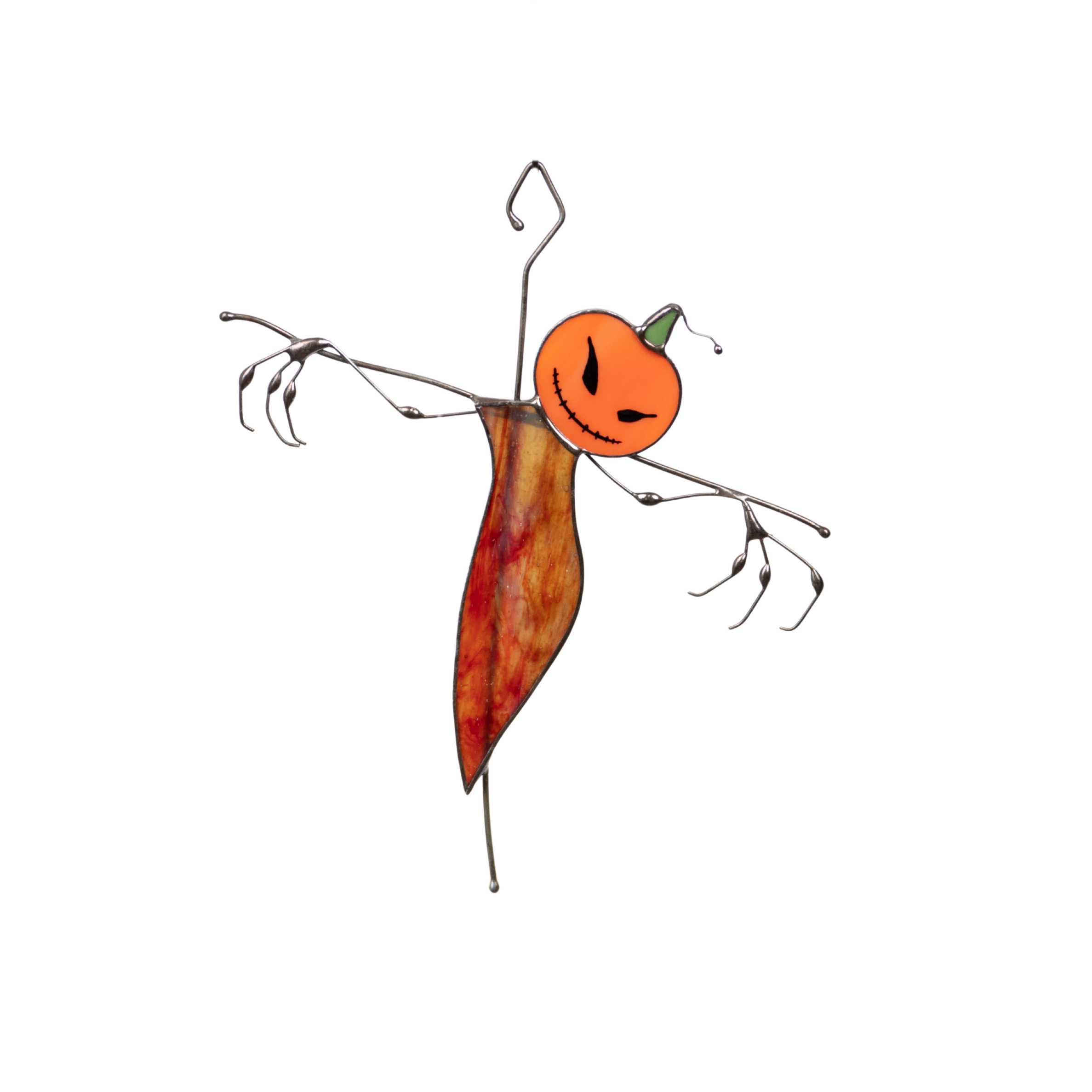 Stained glass scarecrow with a pumpkin head and wire arms