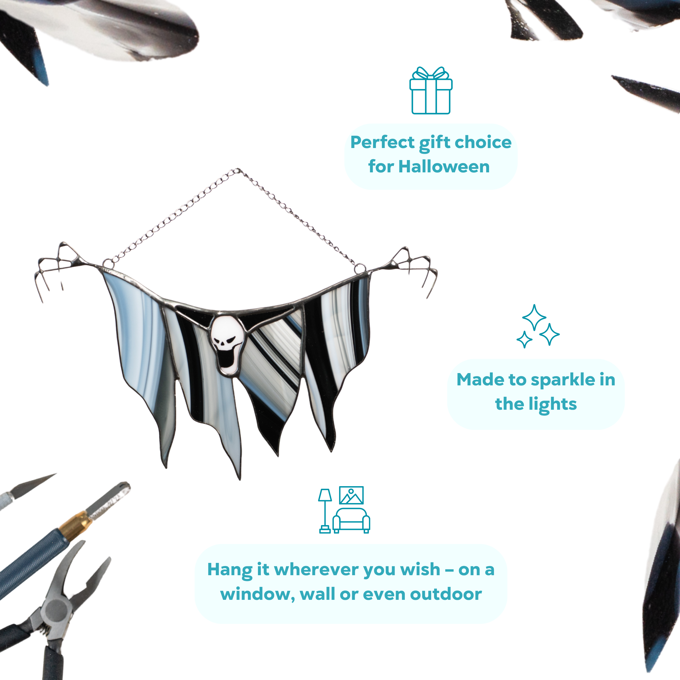 Grim Reaper stained glass suncatcher shown on infographic with gift icon and sparkle text accents