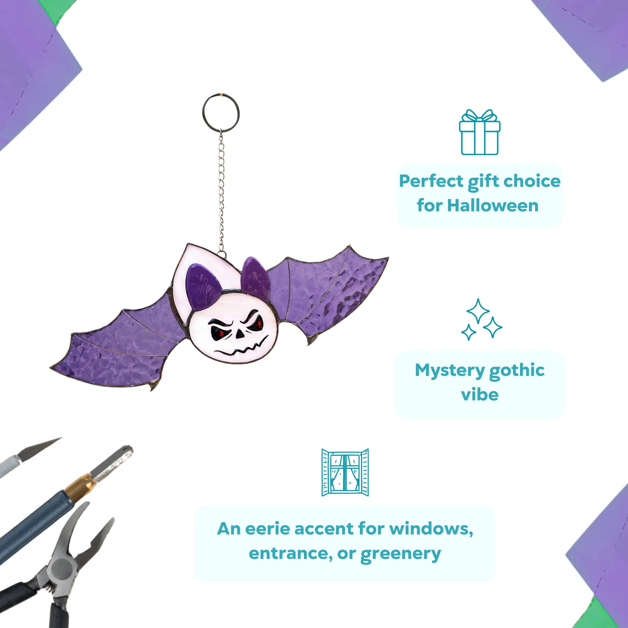 Halloween-themed decorative bat suncatcher as a perfect gift for Halloween on a white background