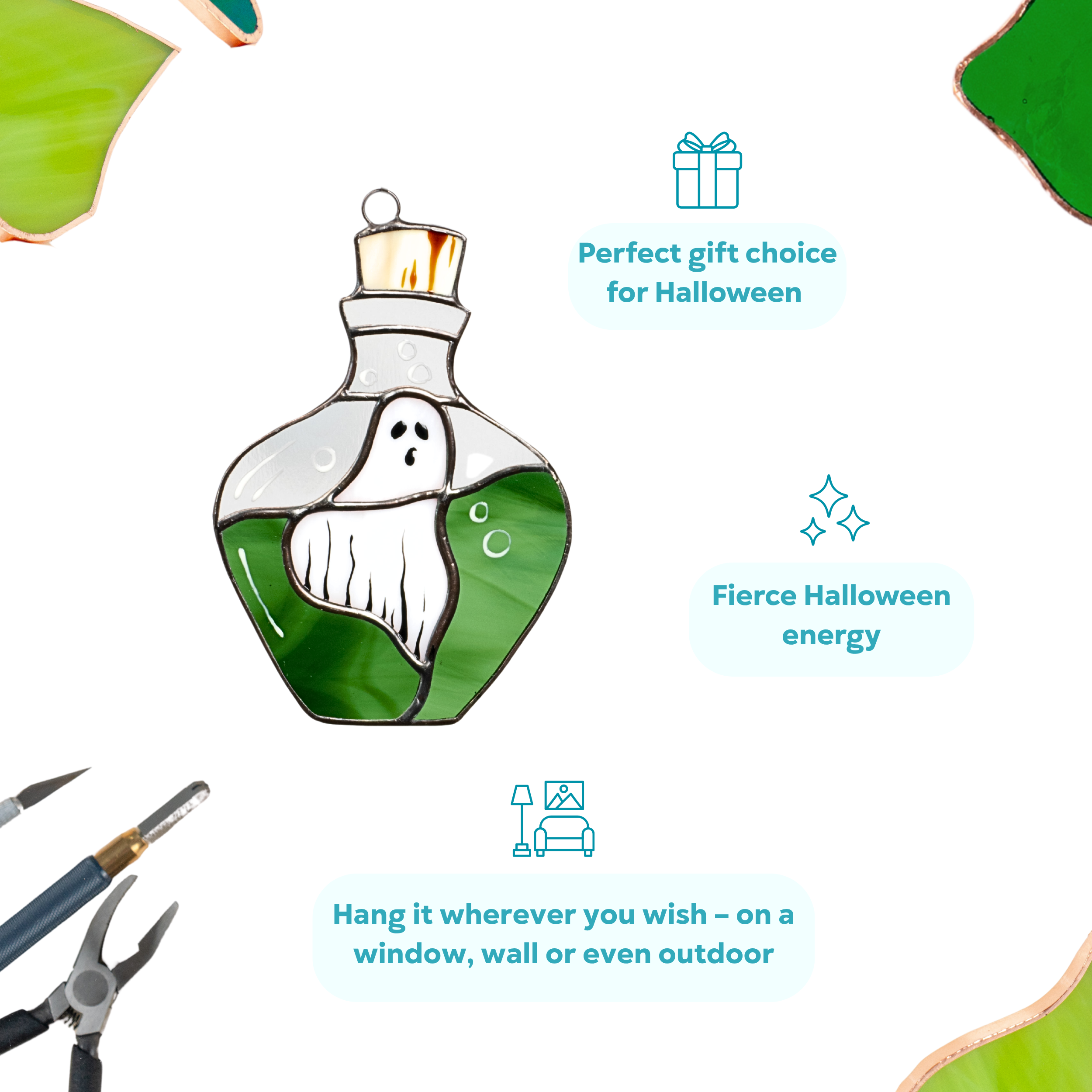 Infographic showing stained glass ghost in green potion bottle with phrases: perfect gift for Halloween, fierce Halloween energy, and versatile decor.