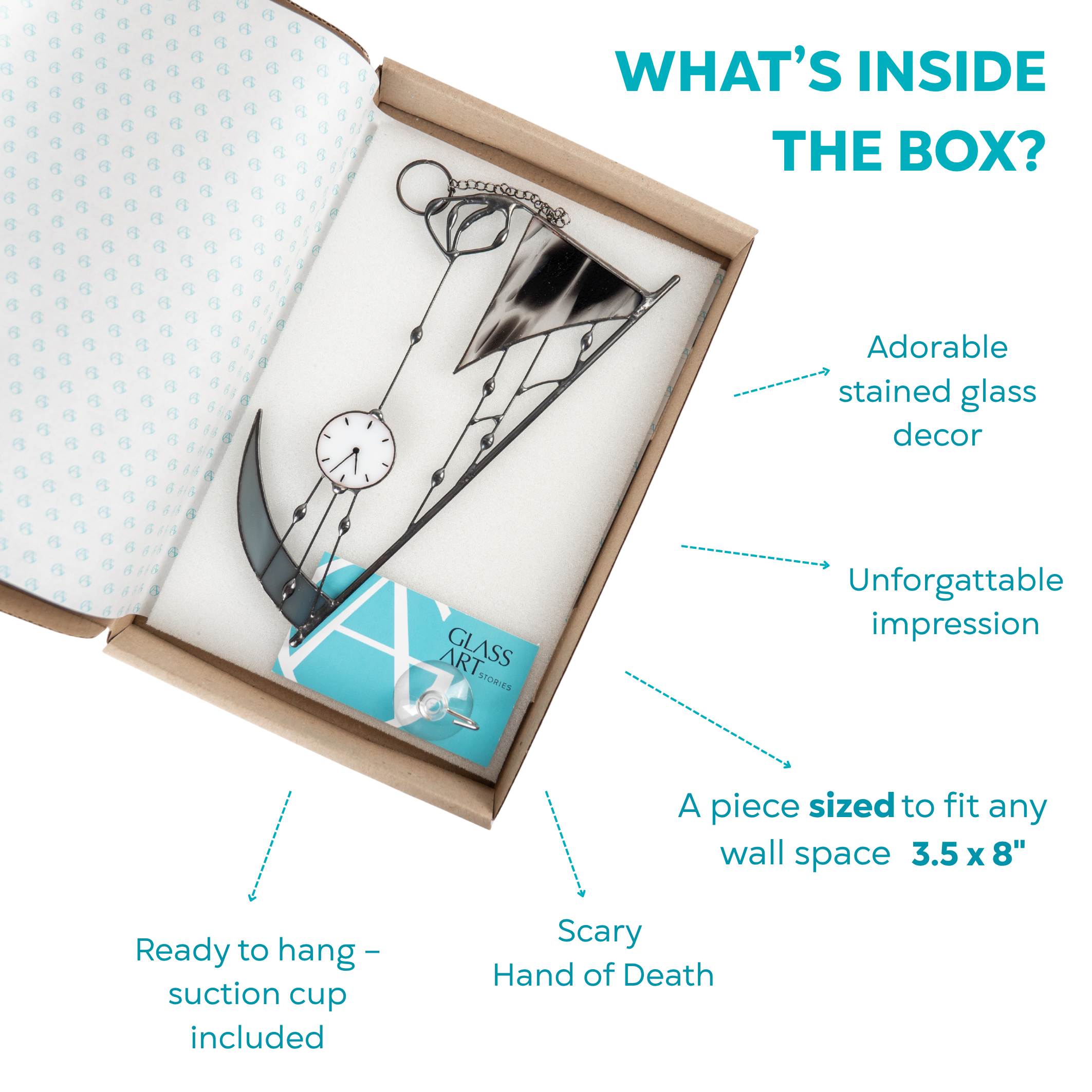 Unboxing photo showing stained glass “Hand of Death” decor with suction cup and branded card inside the box.