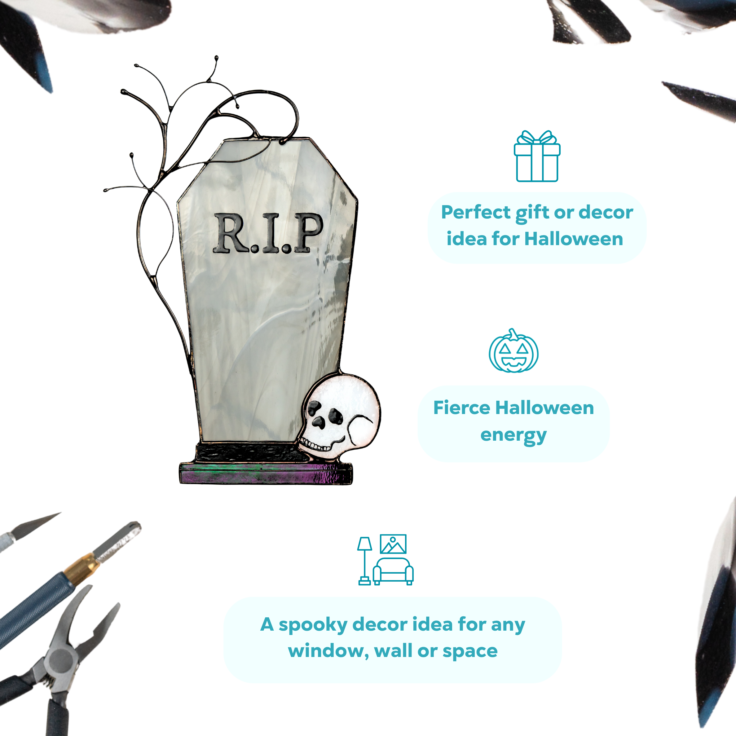 Stained glass tombstone with skull featured as a perfect eerie Halloween decor or gift idea.