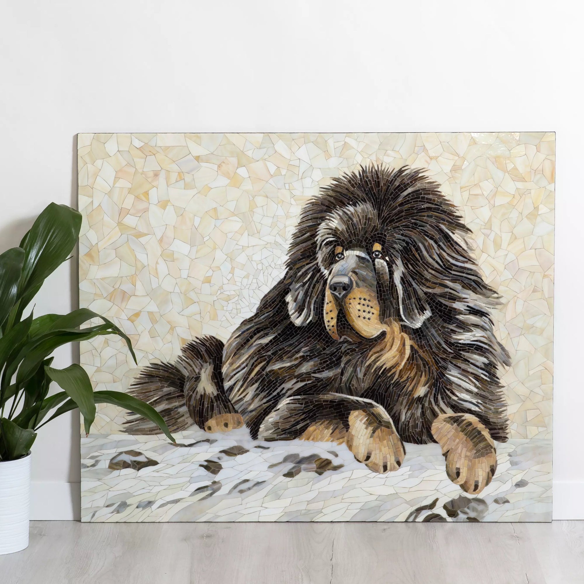 Wall art mosaic showing a mastiff's face in stained glass mosaic with detailed craftsmanship and natural palette.