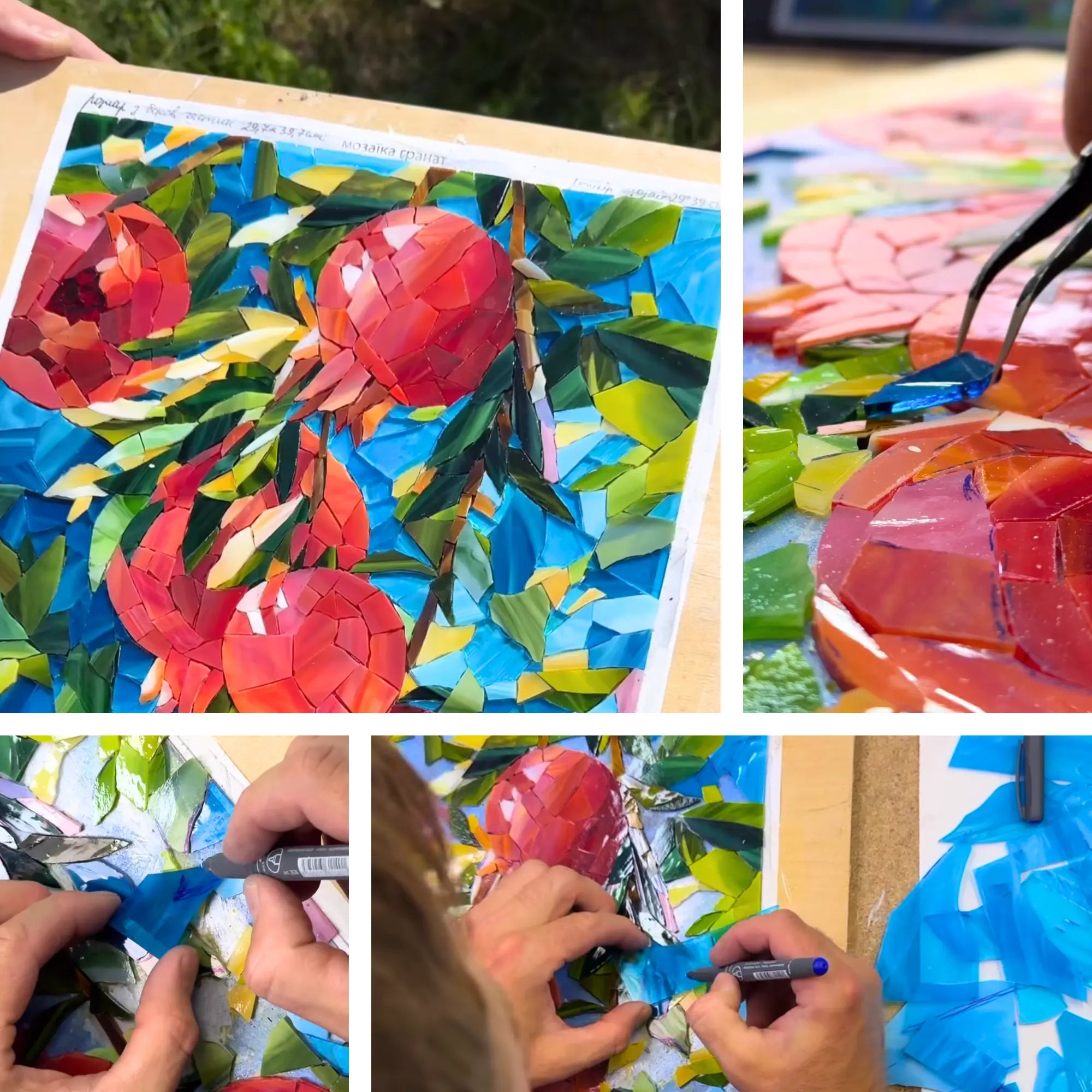 A collage showing a handcrafted mosaic art piece of pomegranates on a tree, with close-up views of the creator's hands assembling the colorful glass tiles.