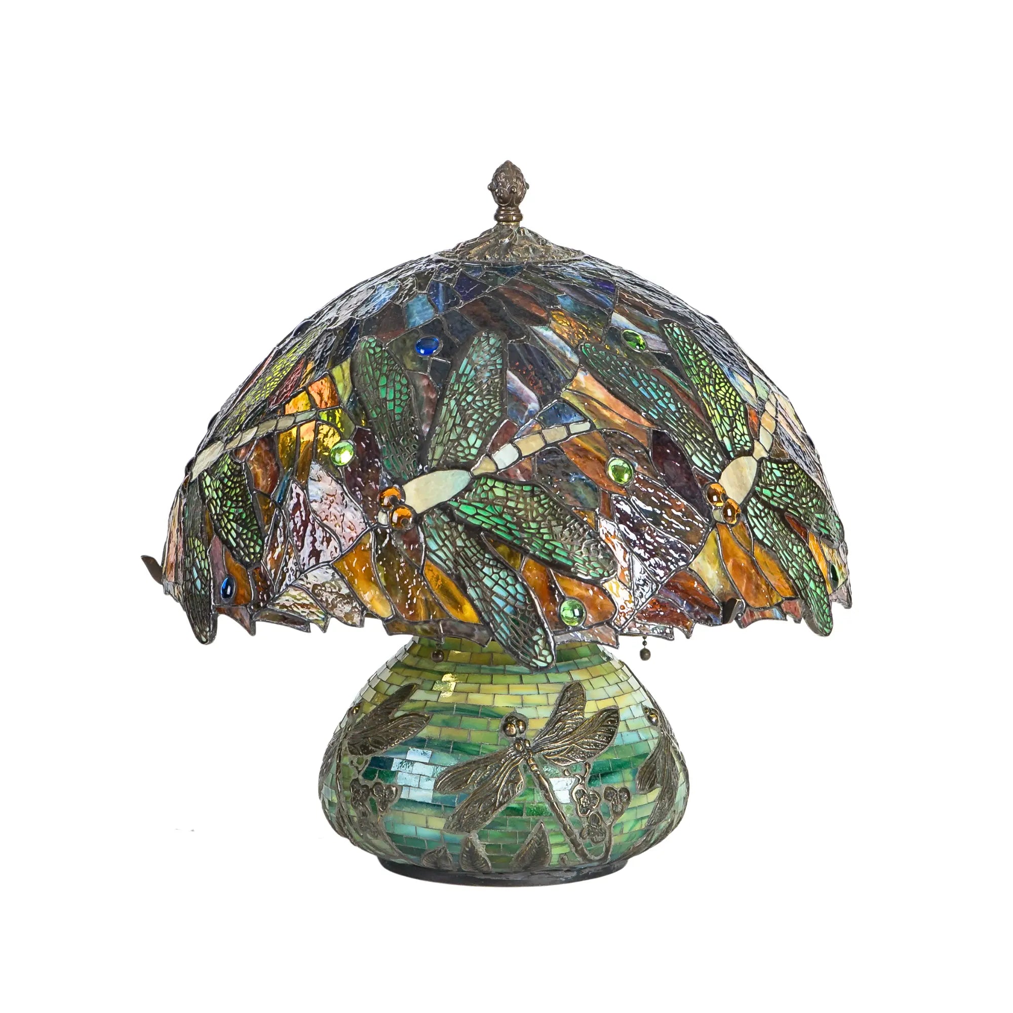 Tiffany-styled lamp with dome covered in dragonflies and art nouveau base