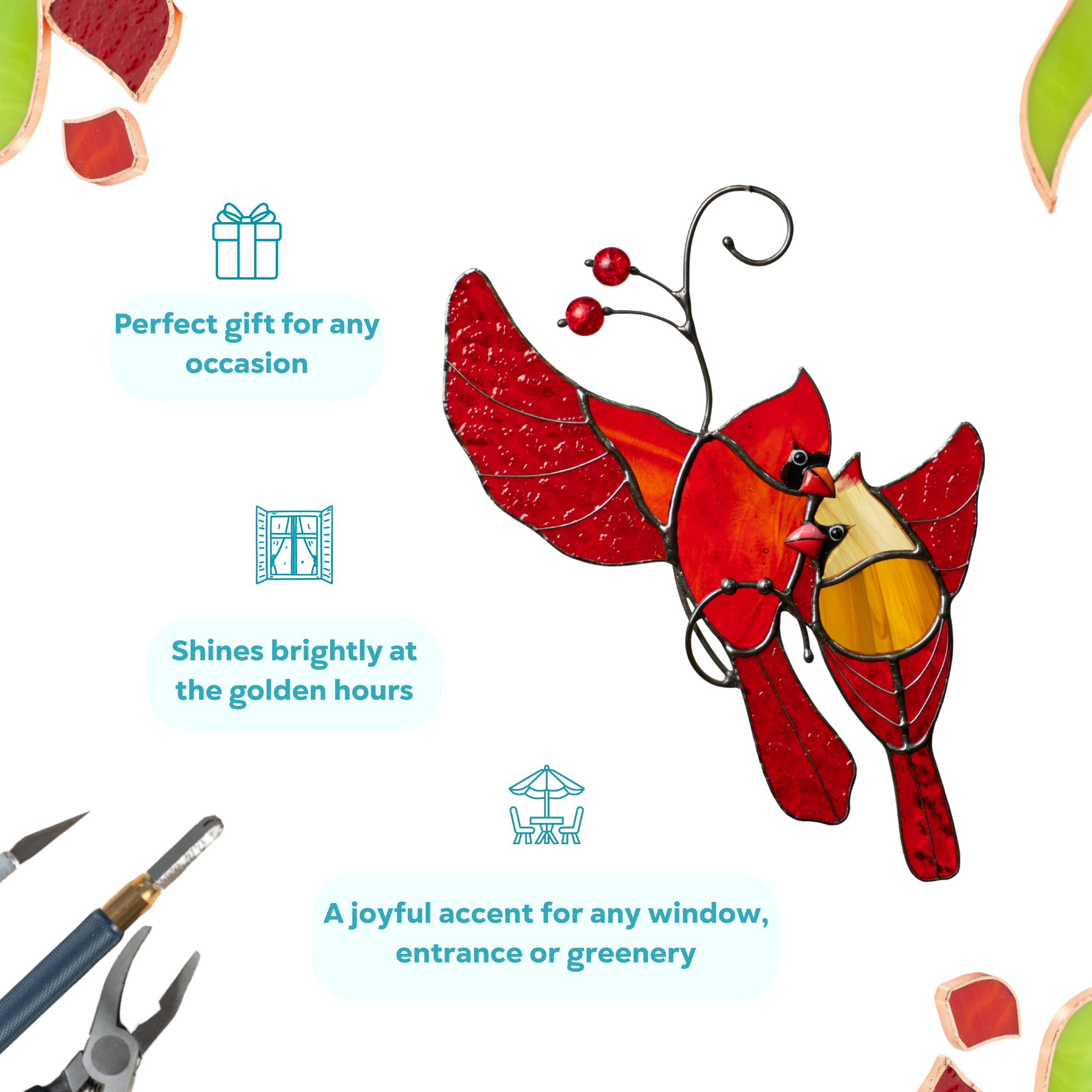 Two cardinals in flight with red beads and text: gift idea, shines in sunlight, decor for window or garden