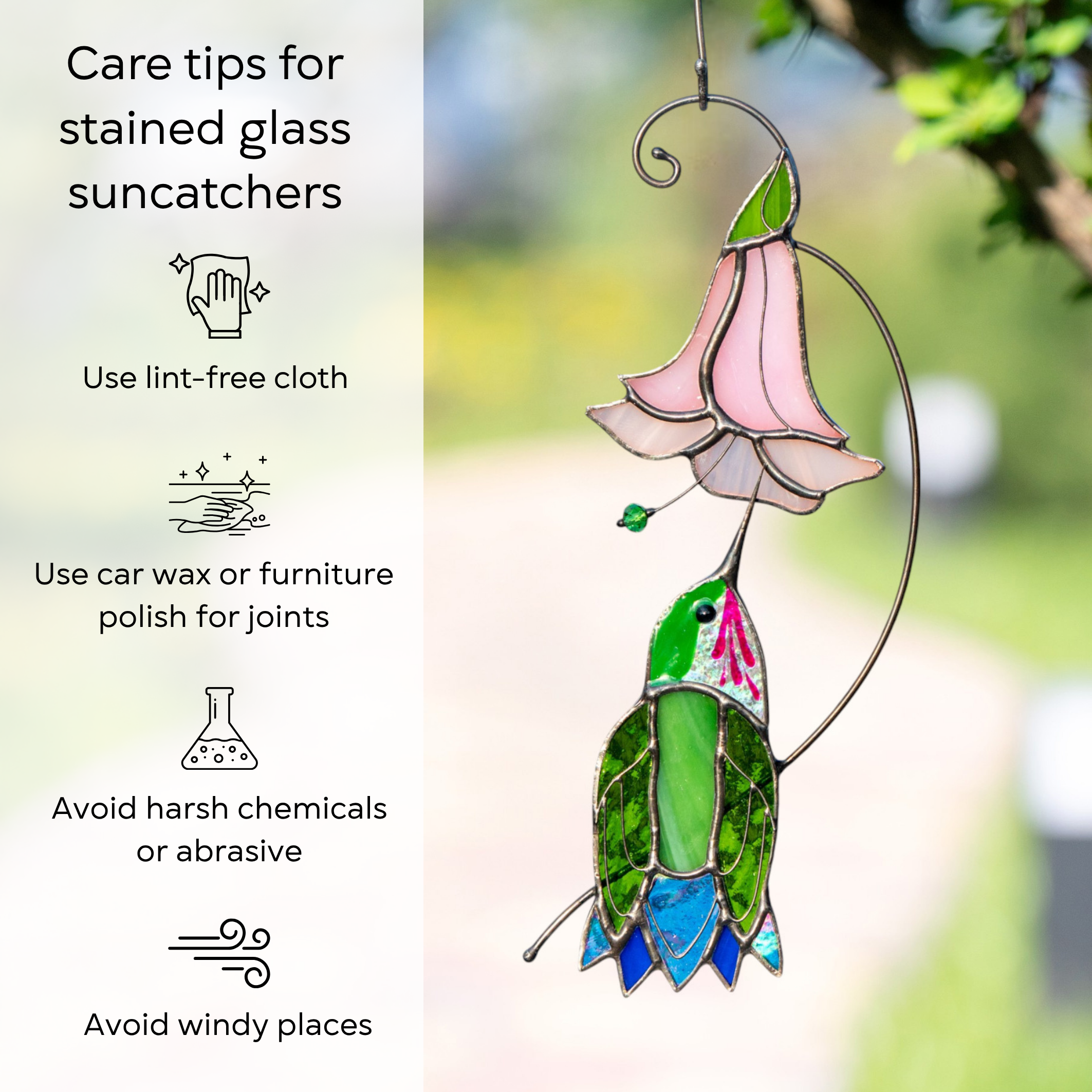 Outdoor photo of stained glass hummingbird, used to illustrate care tips for suncatchers: use lint-free cloth, polish joints with car wax or furniture polish, avoid harsh chemicals, and windy places.