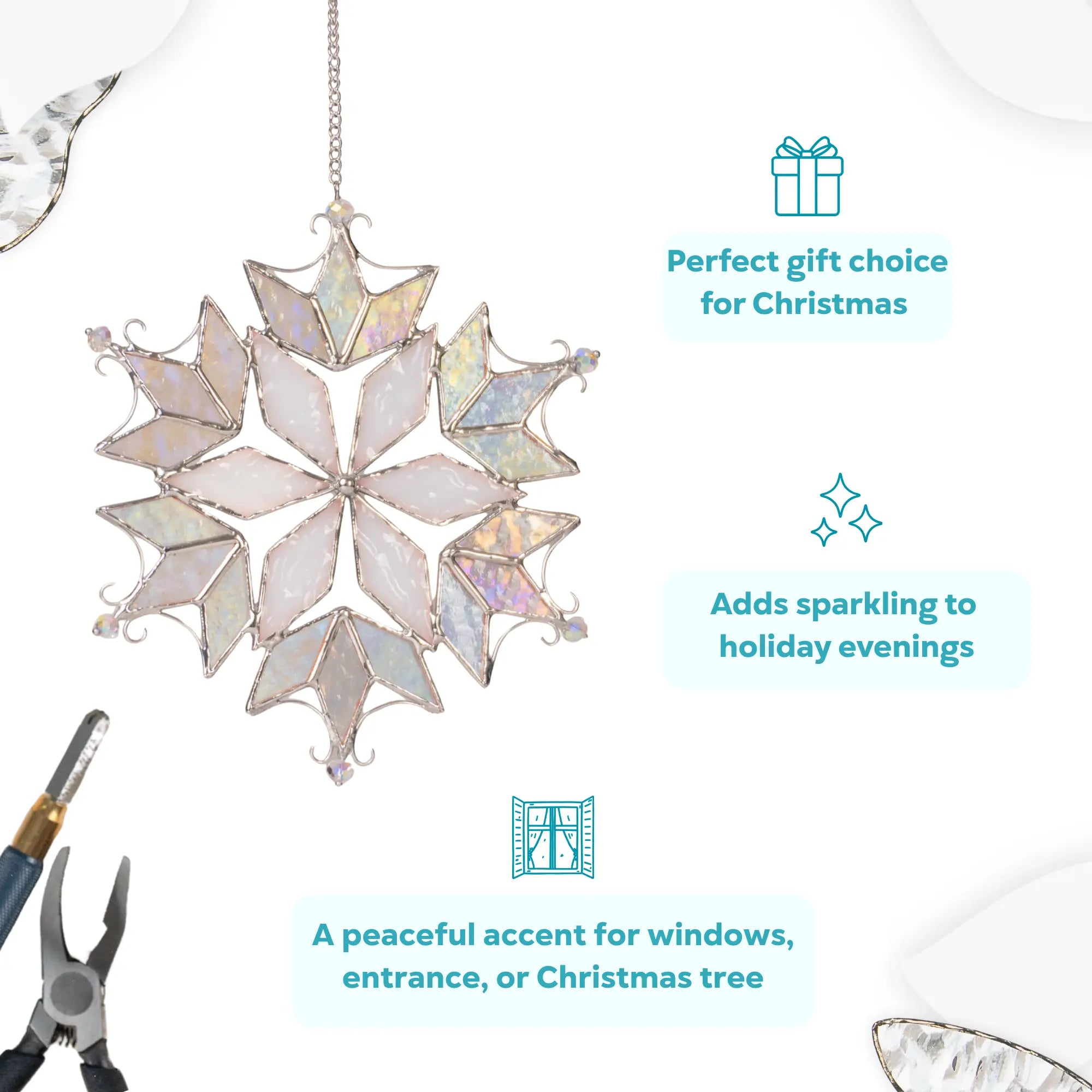 Iridescent stained glass snowflake suncatcher with light reflections as a holiday charm and decor