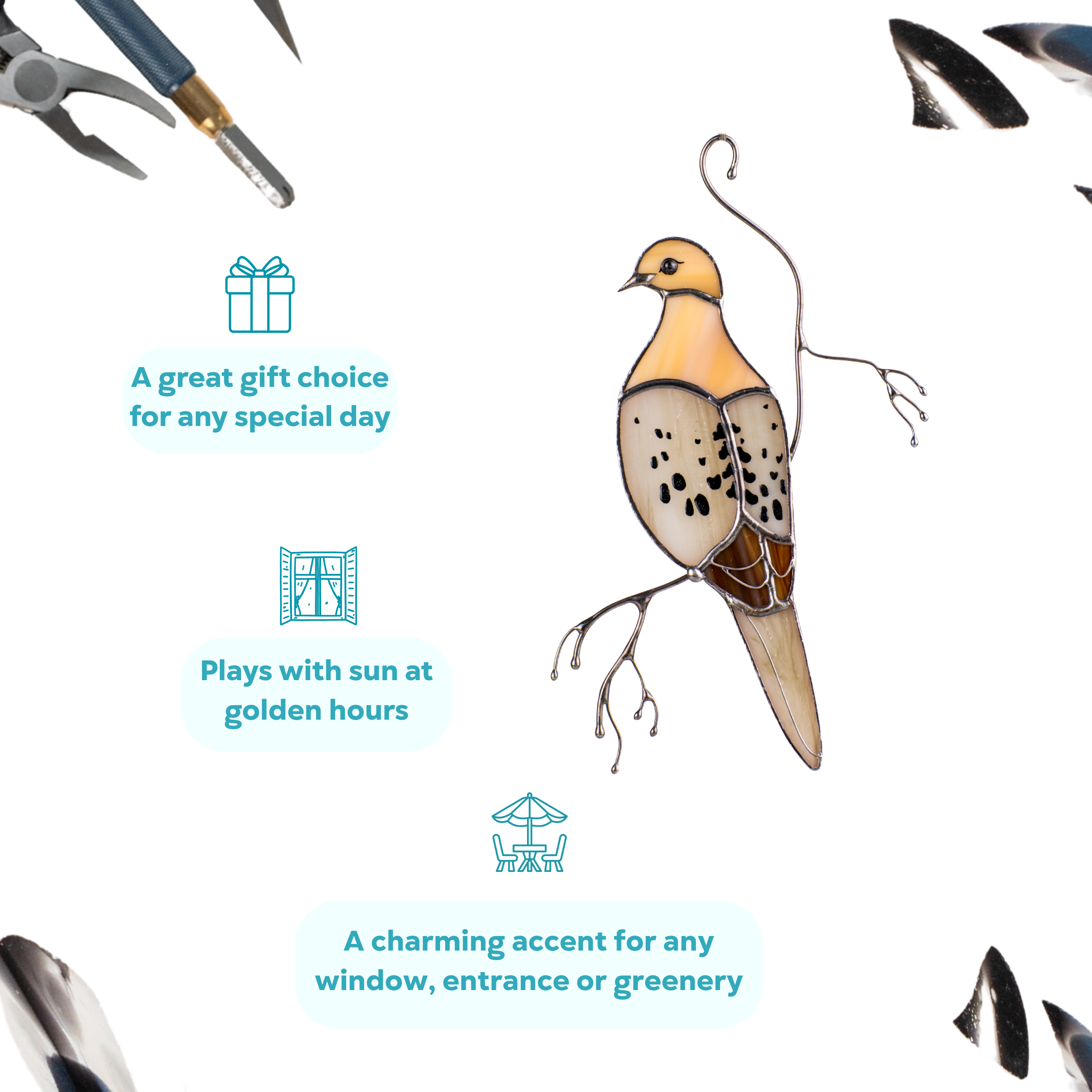Mourning dove suncatcher with decorative branch and warm stained glass, surrounded by tool elements, being perfect gift idea.