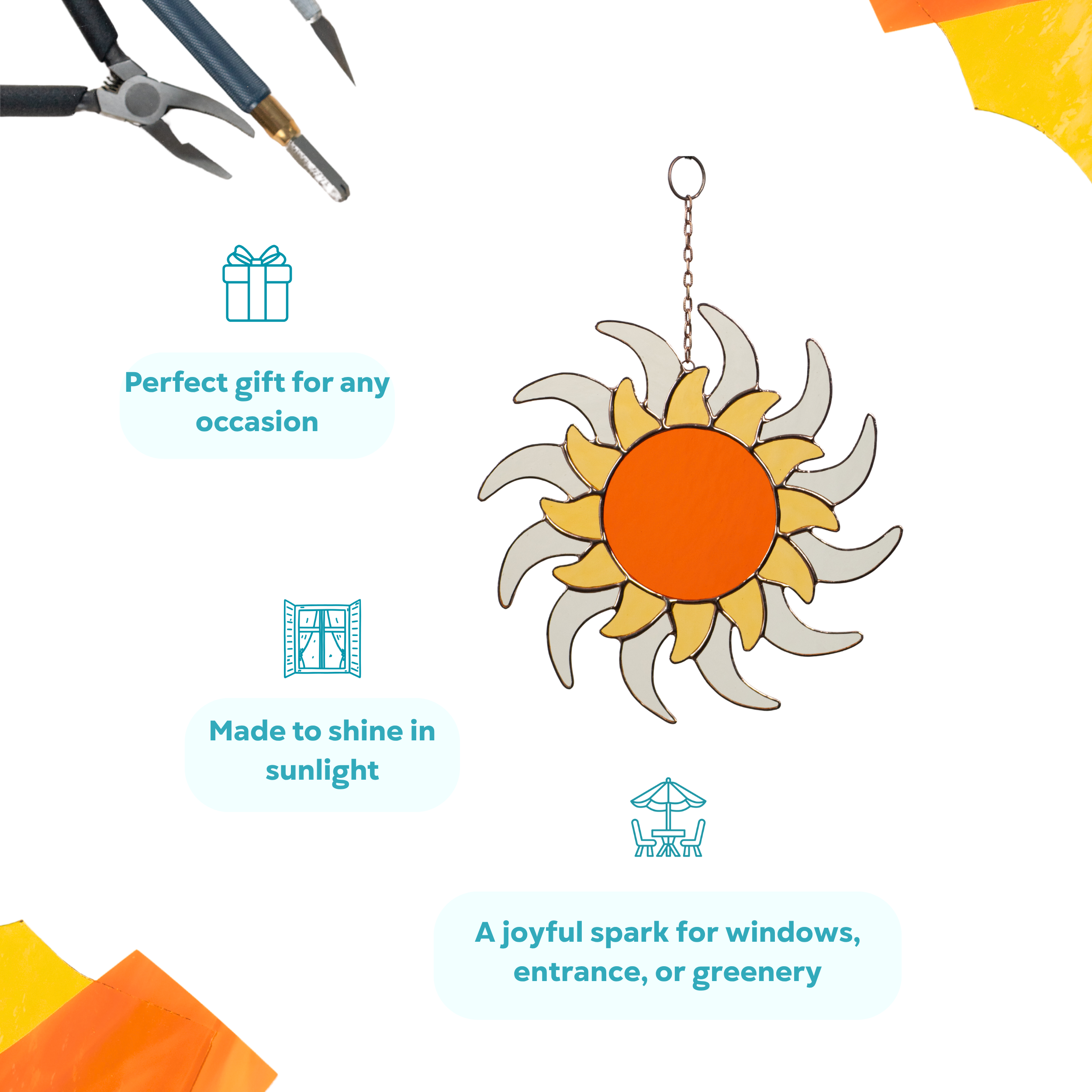 Suncatcher shaped like the sun with vibrant glass rays, shown with icons describing gift and sunlight appeal.