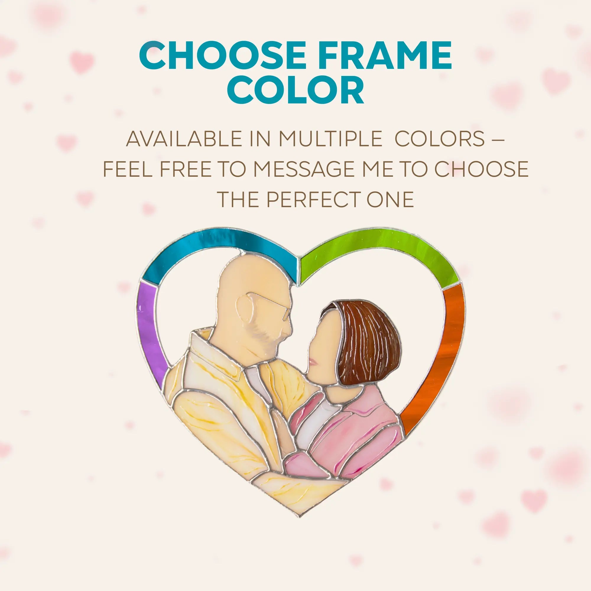 Heart-shaped stained glass panel with a couple illustration and text about frame color options on a light pink background.