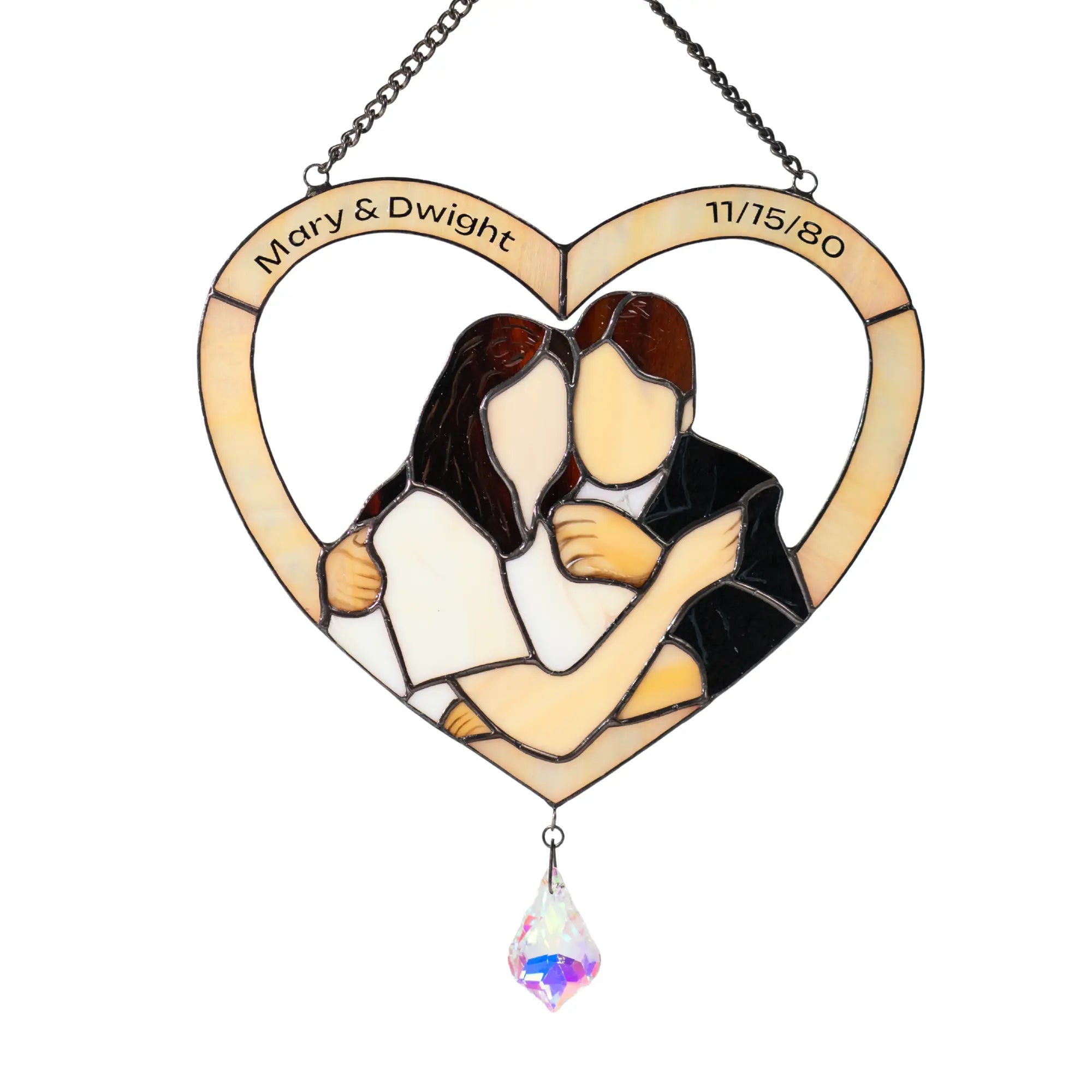 Heart-shaped stained glass suncatcher with a couple and personalized text on a white background