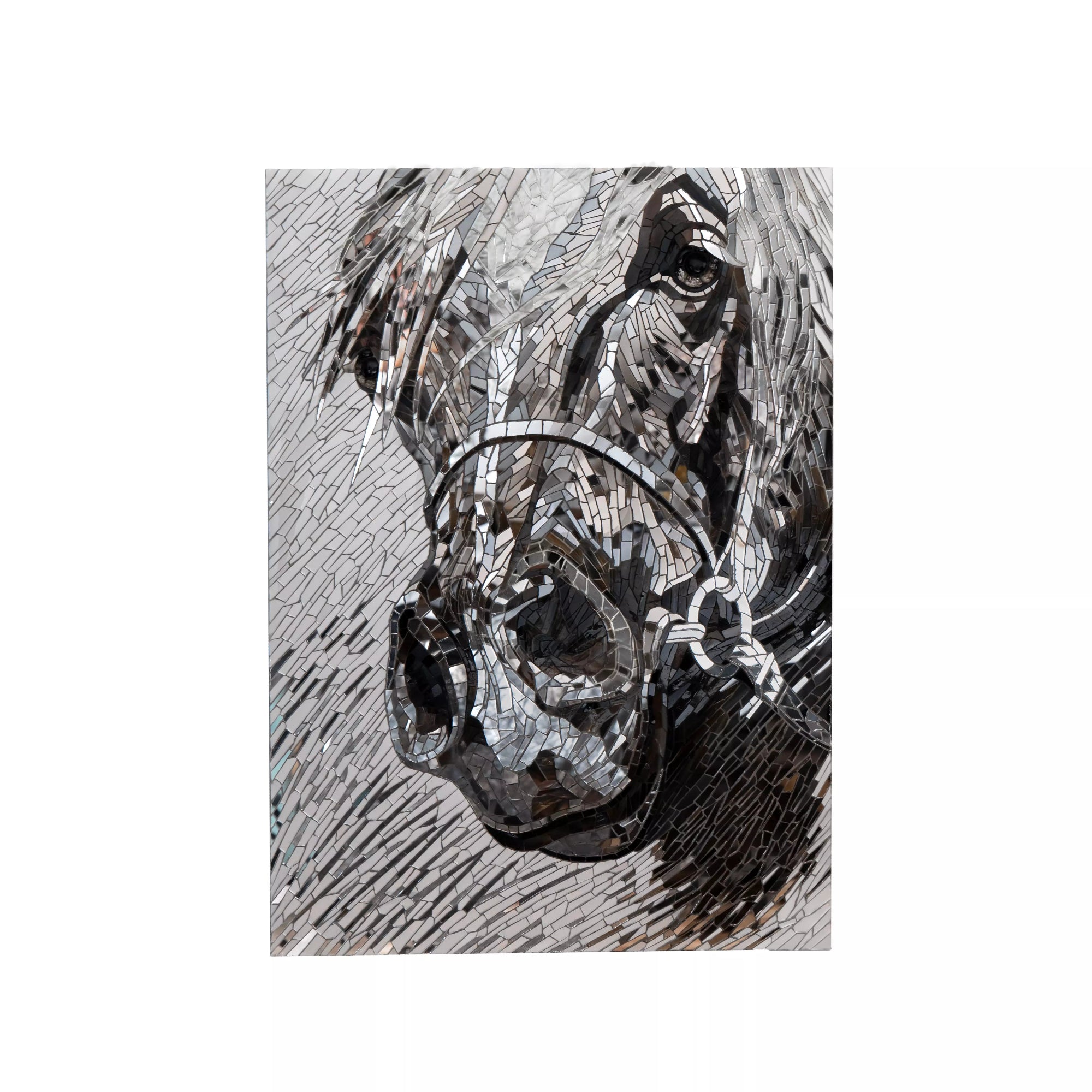 Full frontal view of a stained glass mosaic horse on a white background