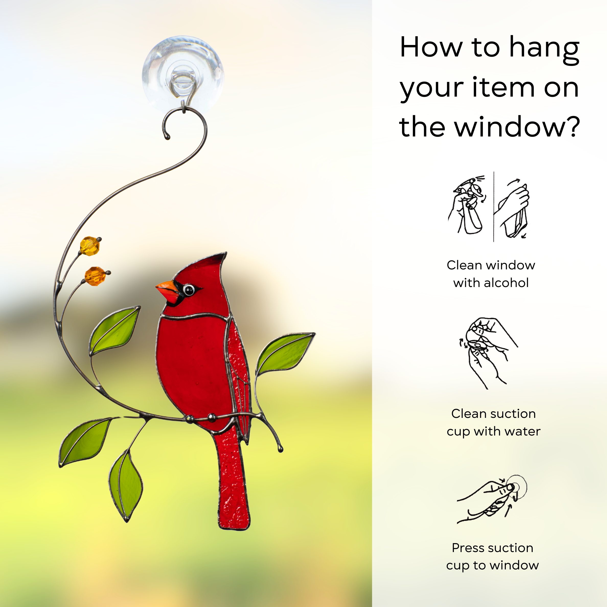 Hanging instructions for red stained glass cardinal with yellow beads and green leaves.