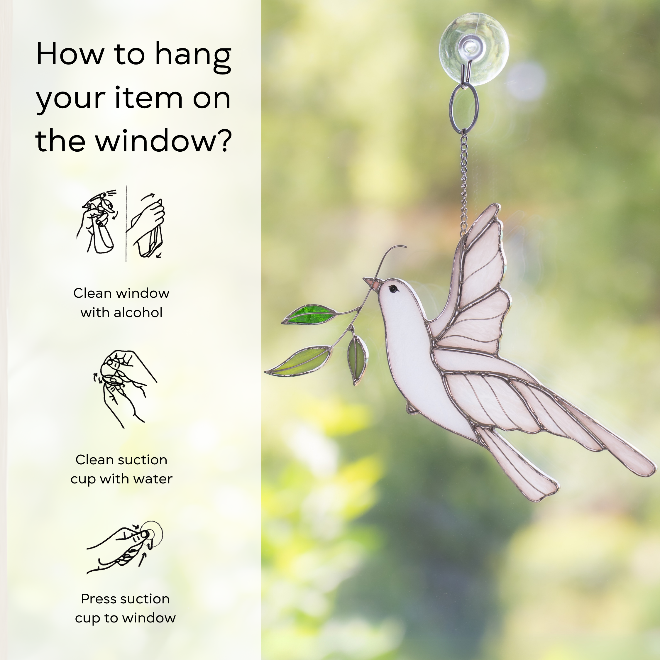 Infographic with hanging instructions and a white dove with green leaves on a suction cup: clean window and suction cup, press a cup to the surface.