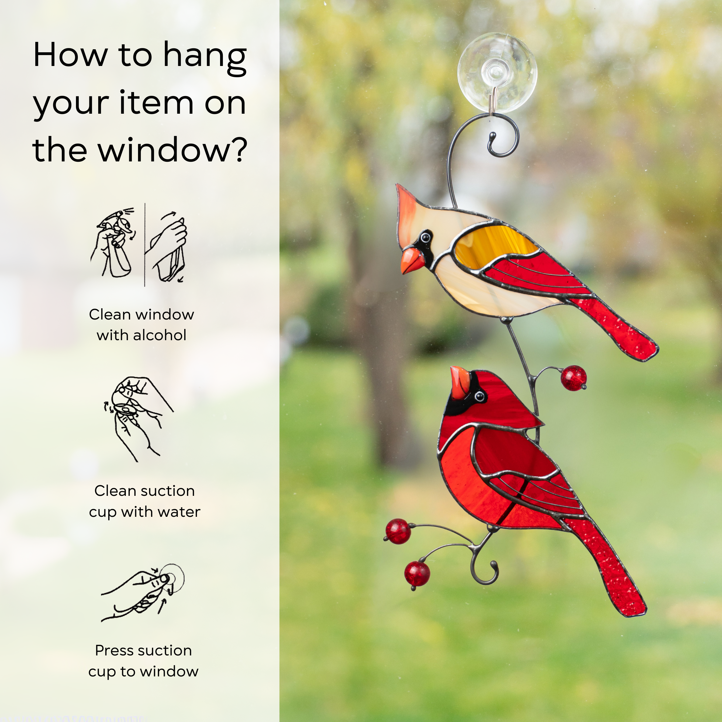 Step-by-step instructions with illustrations showing how to mount a cardinal suncatcher on a window using a suction cup