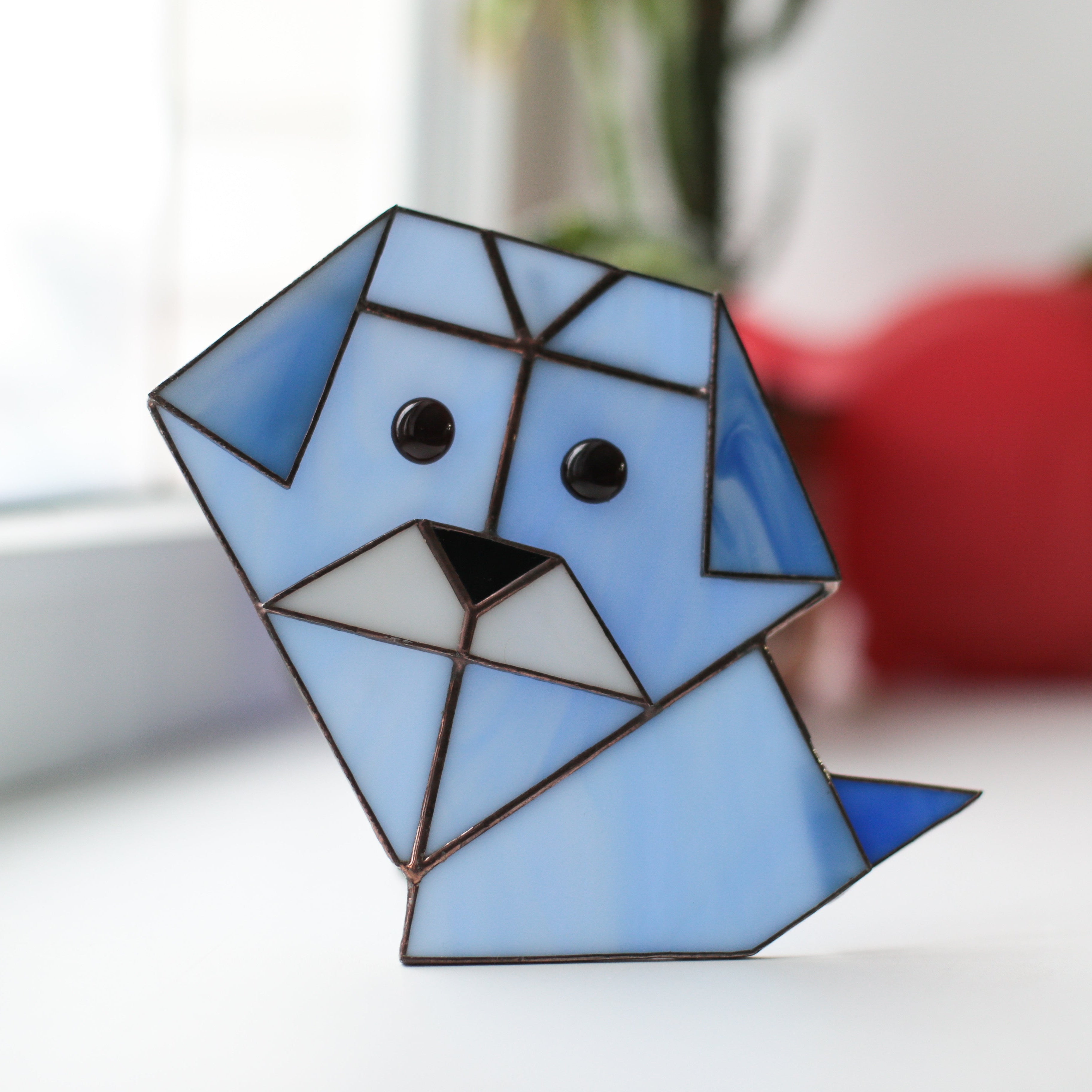 Blue Origami Dog - Stained Glass Panel