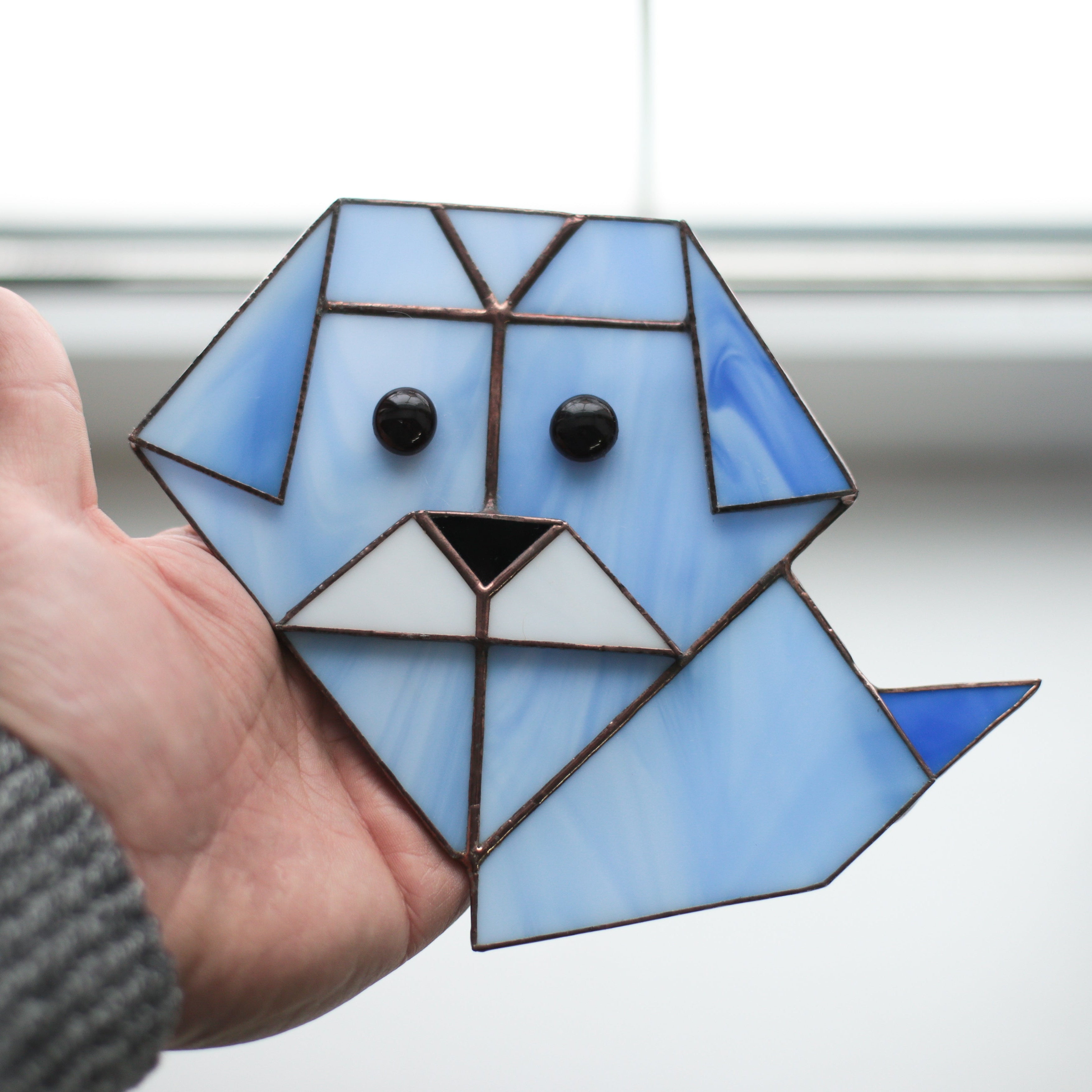 Blue Origami Dog - Stained Glass Panel