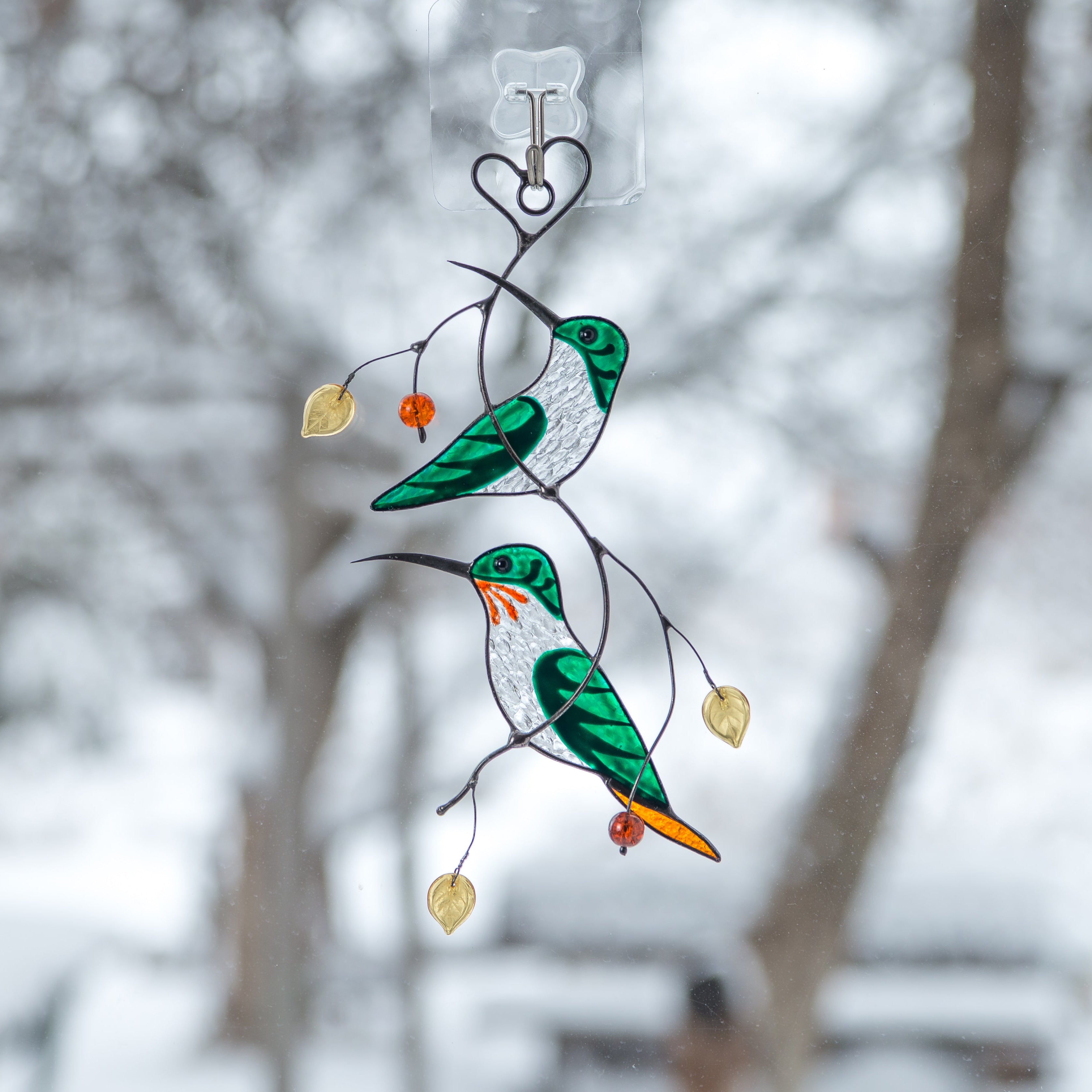 Pair of Green Hummingbirds - Stained Glass Suncatcher
