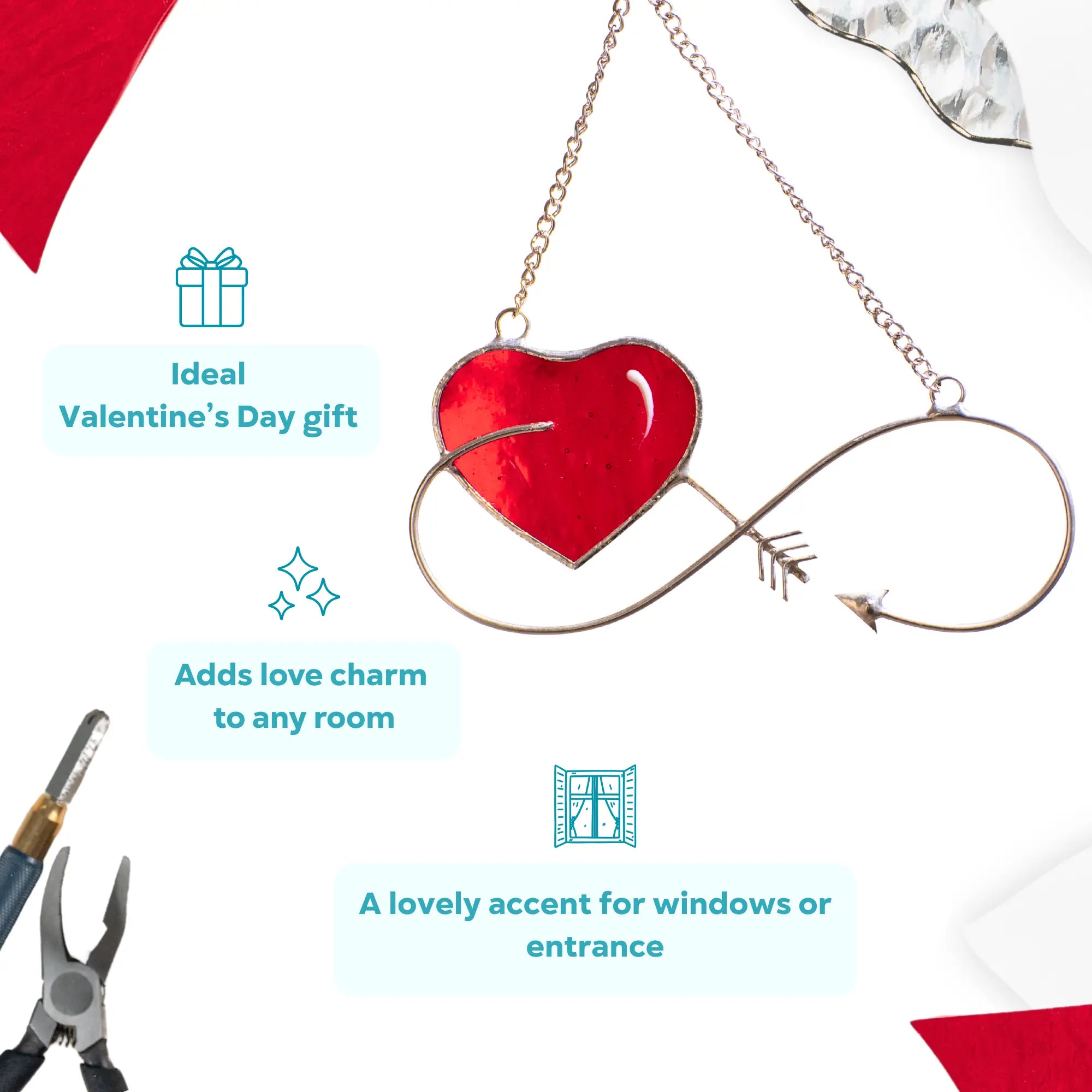 Infinity heart stained glass suncatcher shown as a Valentine’s Day gift idea.