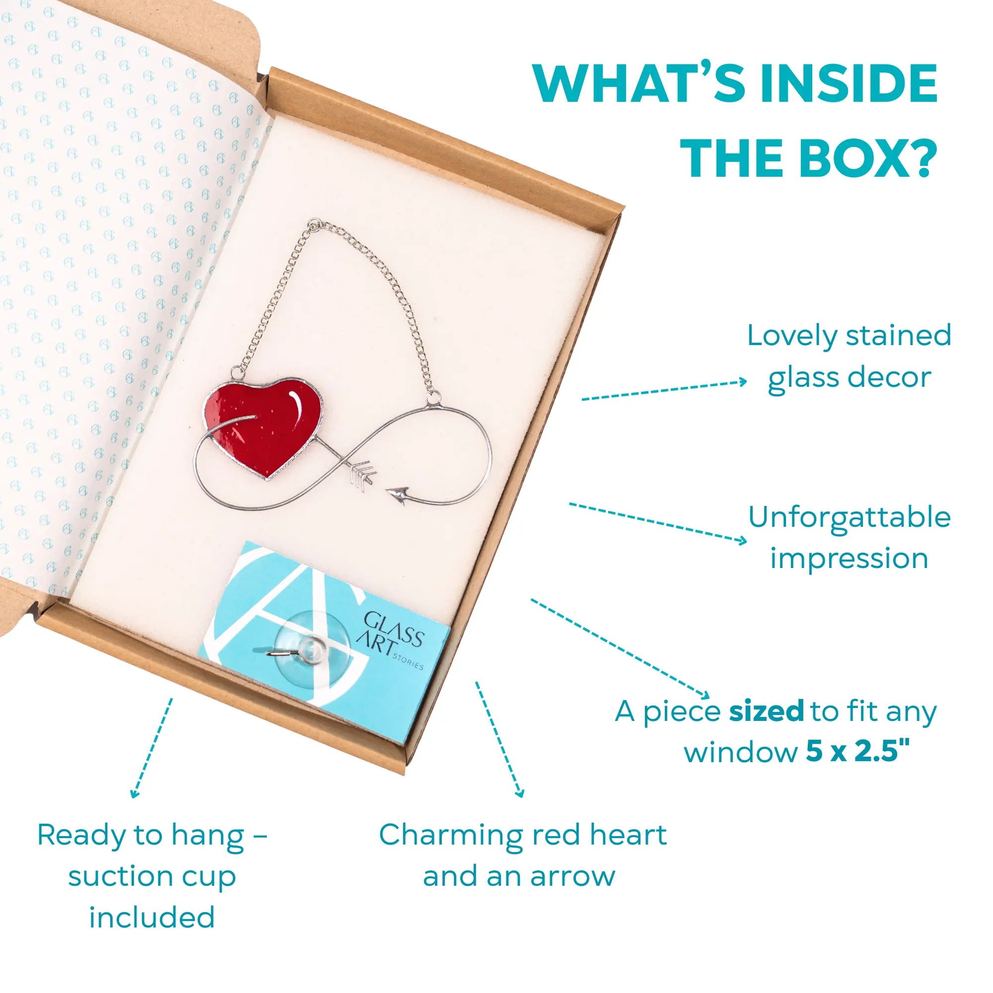 Infographic showing what’s inside the box: infinity stained glass heart suncatcher, chain, and suction cup included.