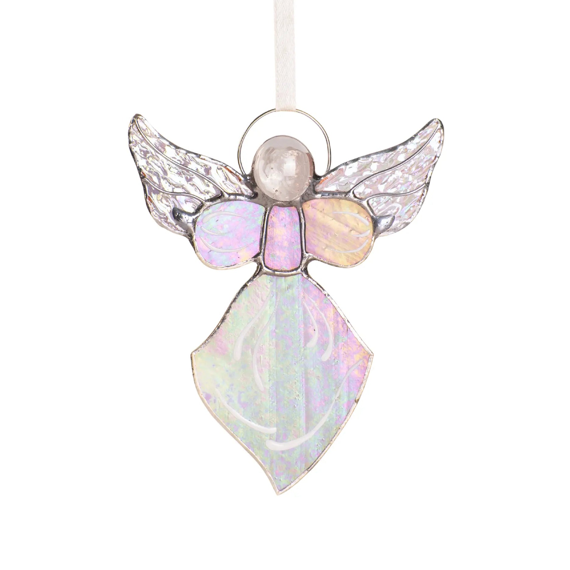 Stained glass angel ornament with iridescent wings and dress, pink and yellow hues, hanging on a white ribbon.