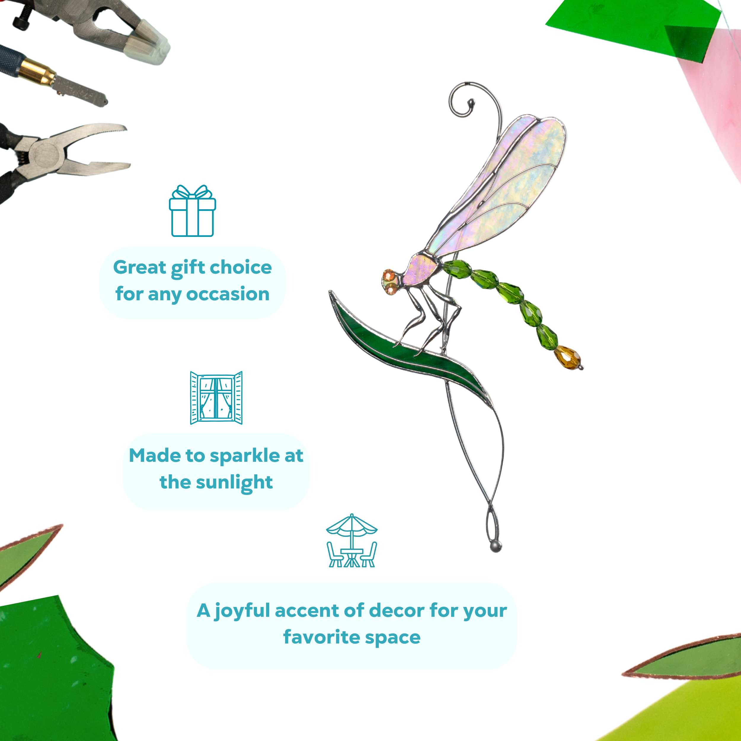 Decorative infographic showing green dragonfly suncatcher with gift and decor suggestions.