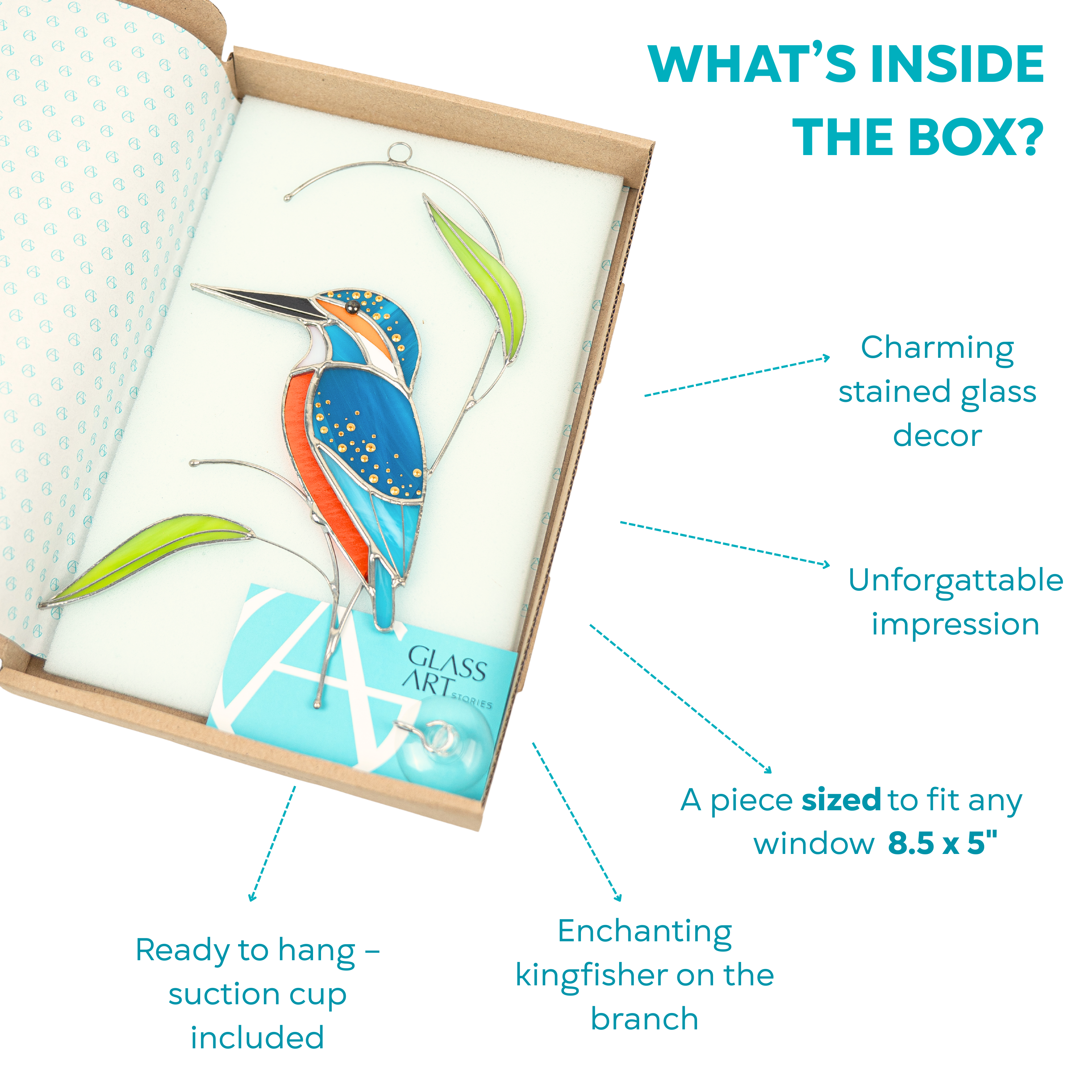 Unboxing of a kingfisher stained glass suncatcher with bright blue, orange colors and green leaves.