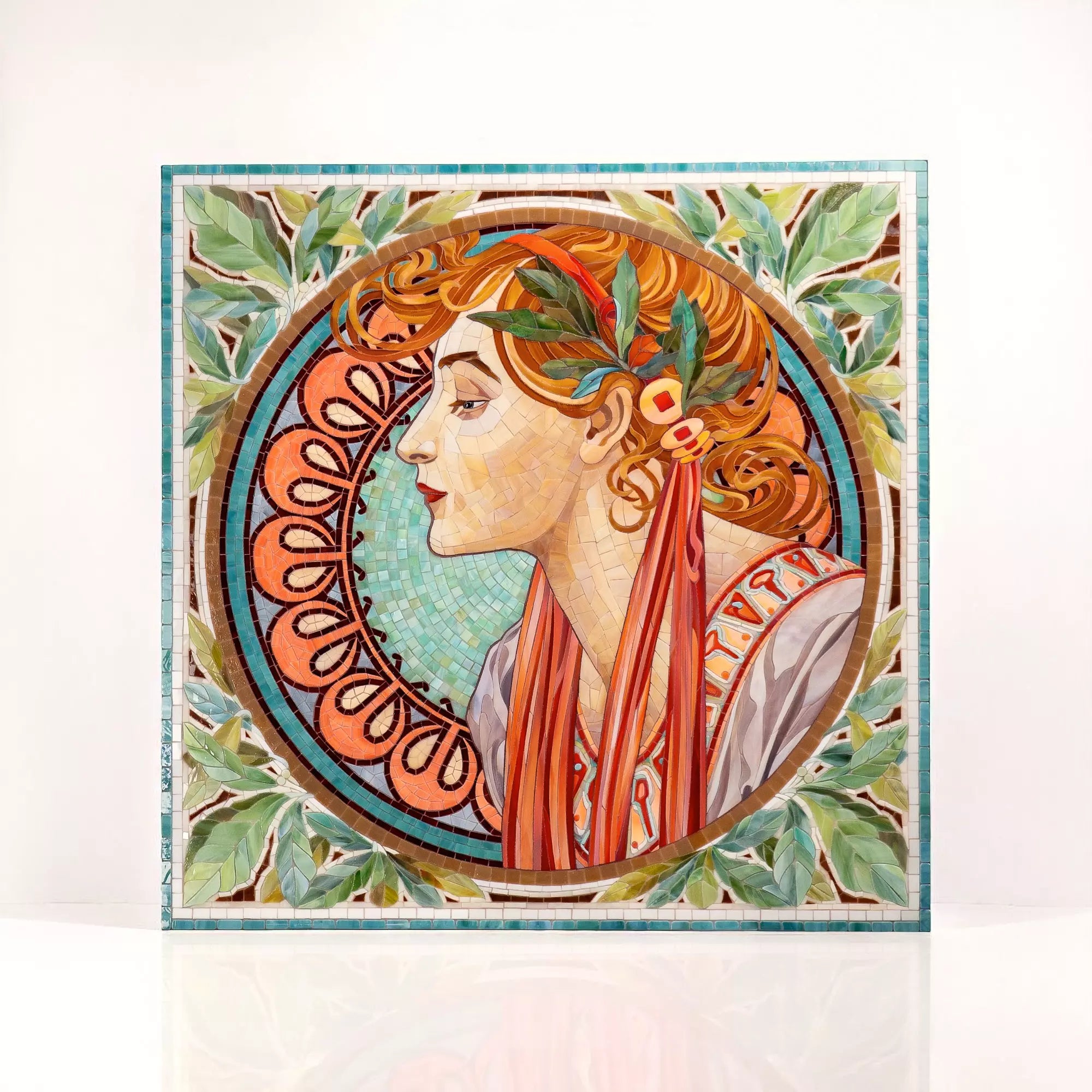 Large mosaic wall decor panel with a serene female figure, ornamental leaves, and balanced Art Nouveau–inspired composition.