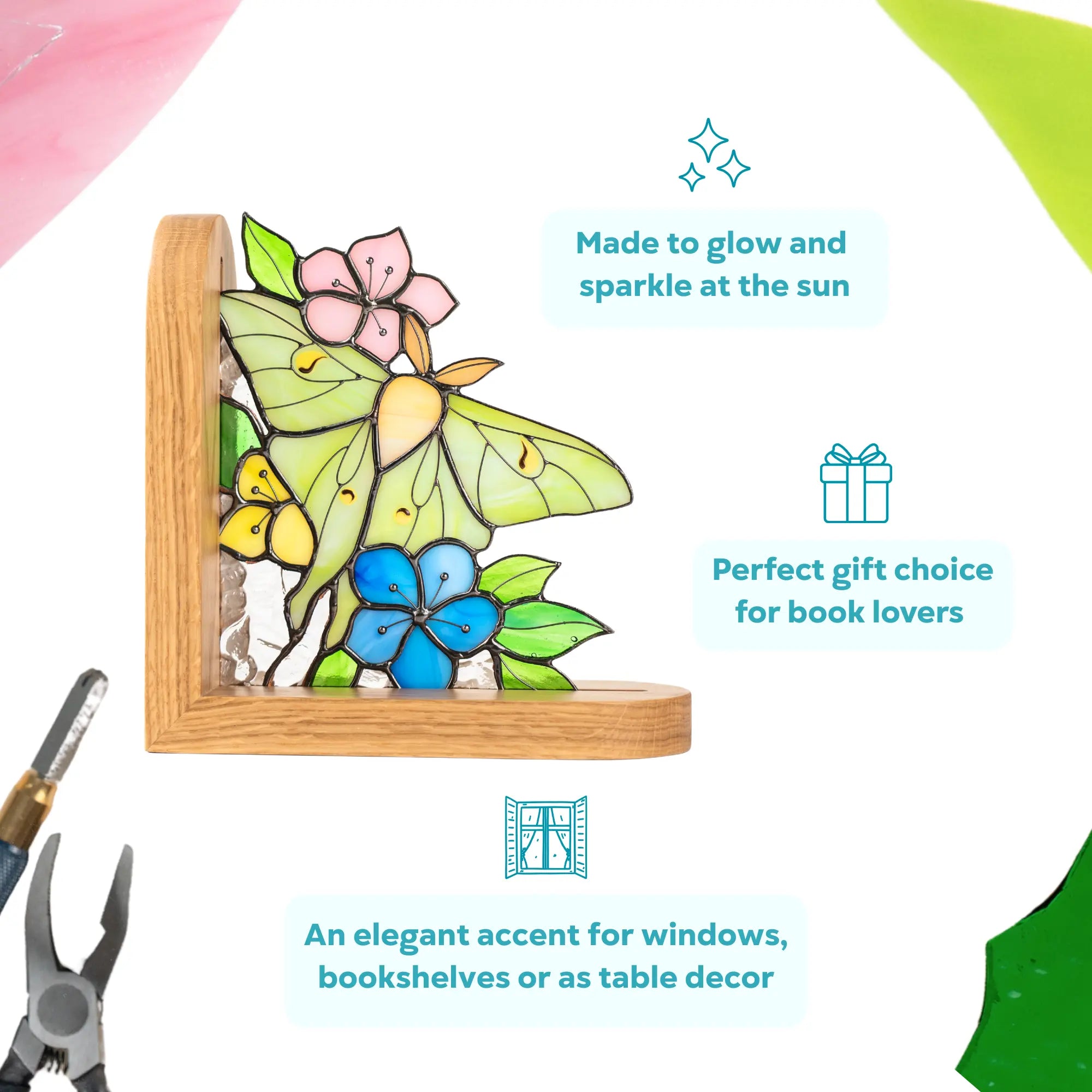 Luna moth stained glass bookend as a perfect gift choice for book lovers and an elegant accent for booshelves